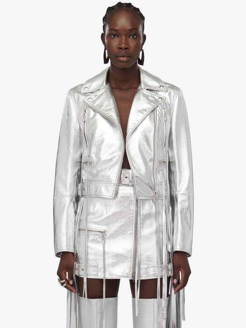 Women's Fringed Biker Jacket in Silver - 5