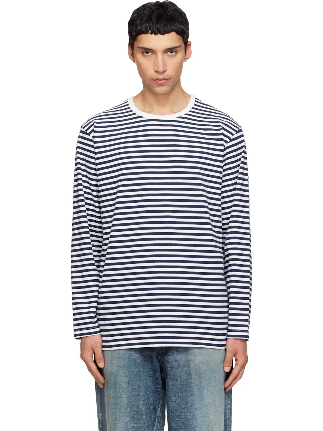Navy & White COOLMAX Stripe Jersey L/S T-shirt - 1