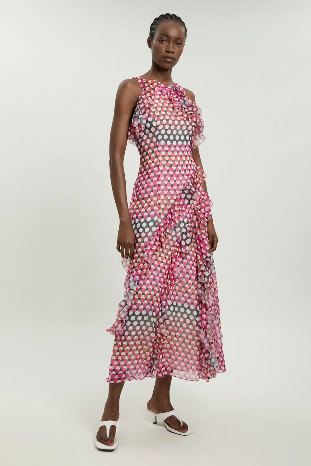 Crinkle Georgette Ruffle Detail Halter Neck Woven Maxi Dress - 1