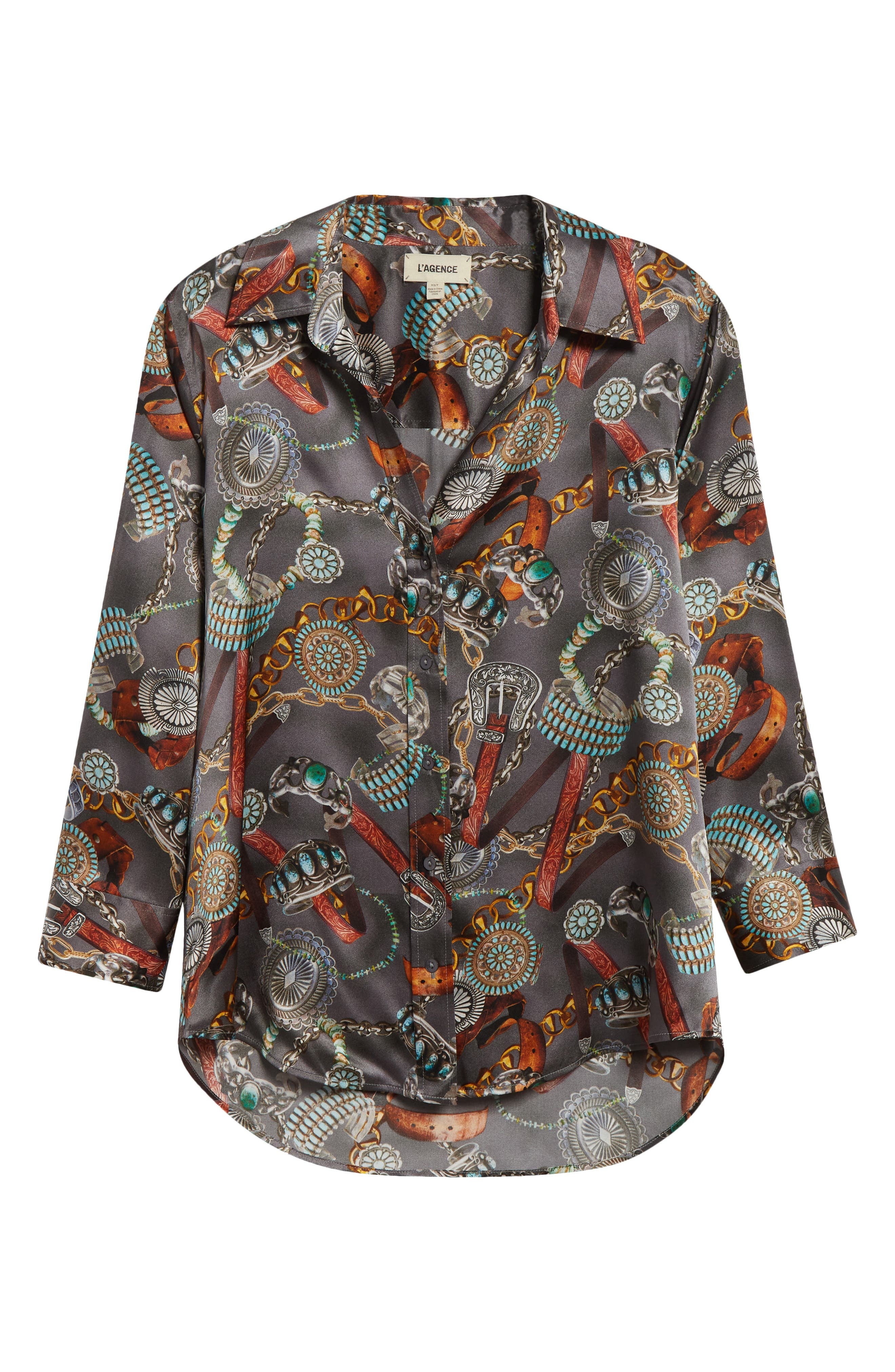 L'AGENCE Dani Three-Quarter Sleeve Silk Button-Up Shirt in Multi Western Belt Print at Nordstrom - 6