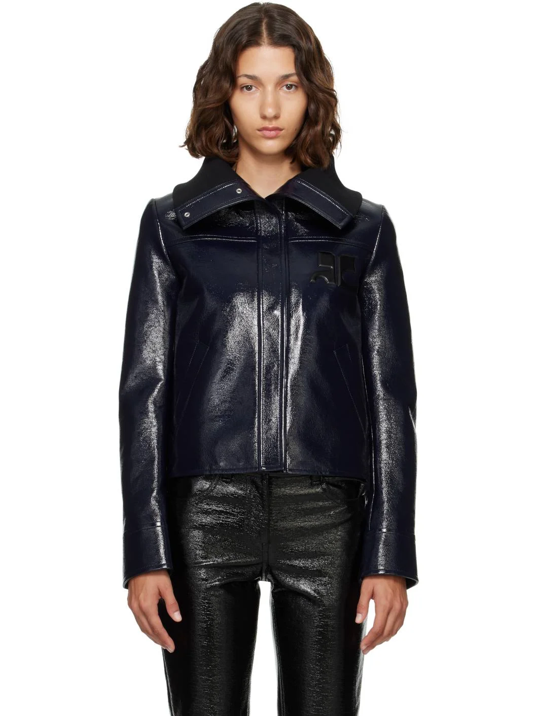 Navy High Collar Vinyl Jacket - 1