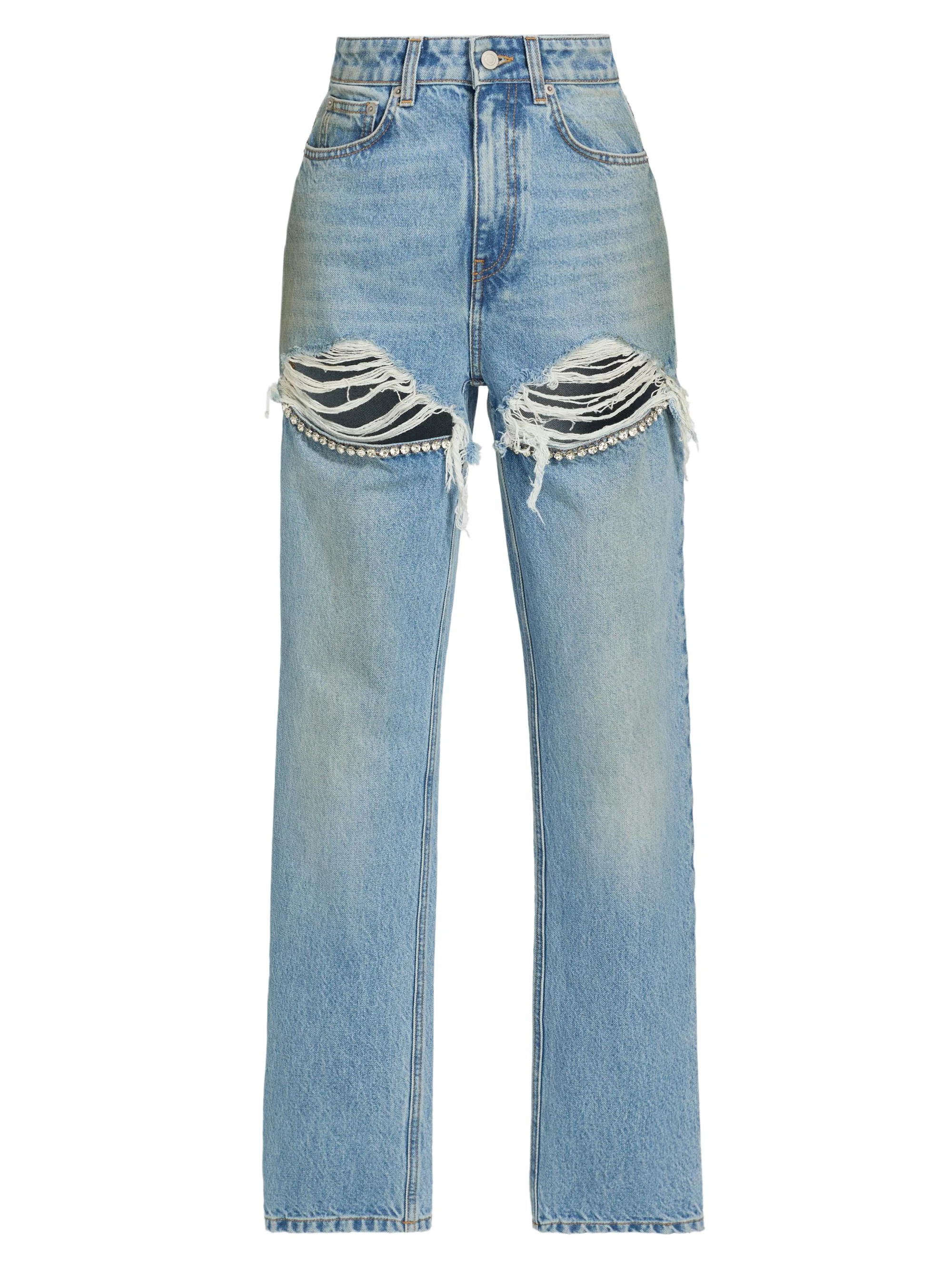 Women's Crystal Fray Slit Jeans - Medium Blue - 1
