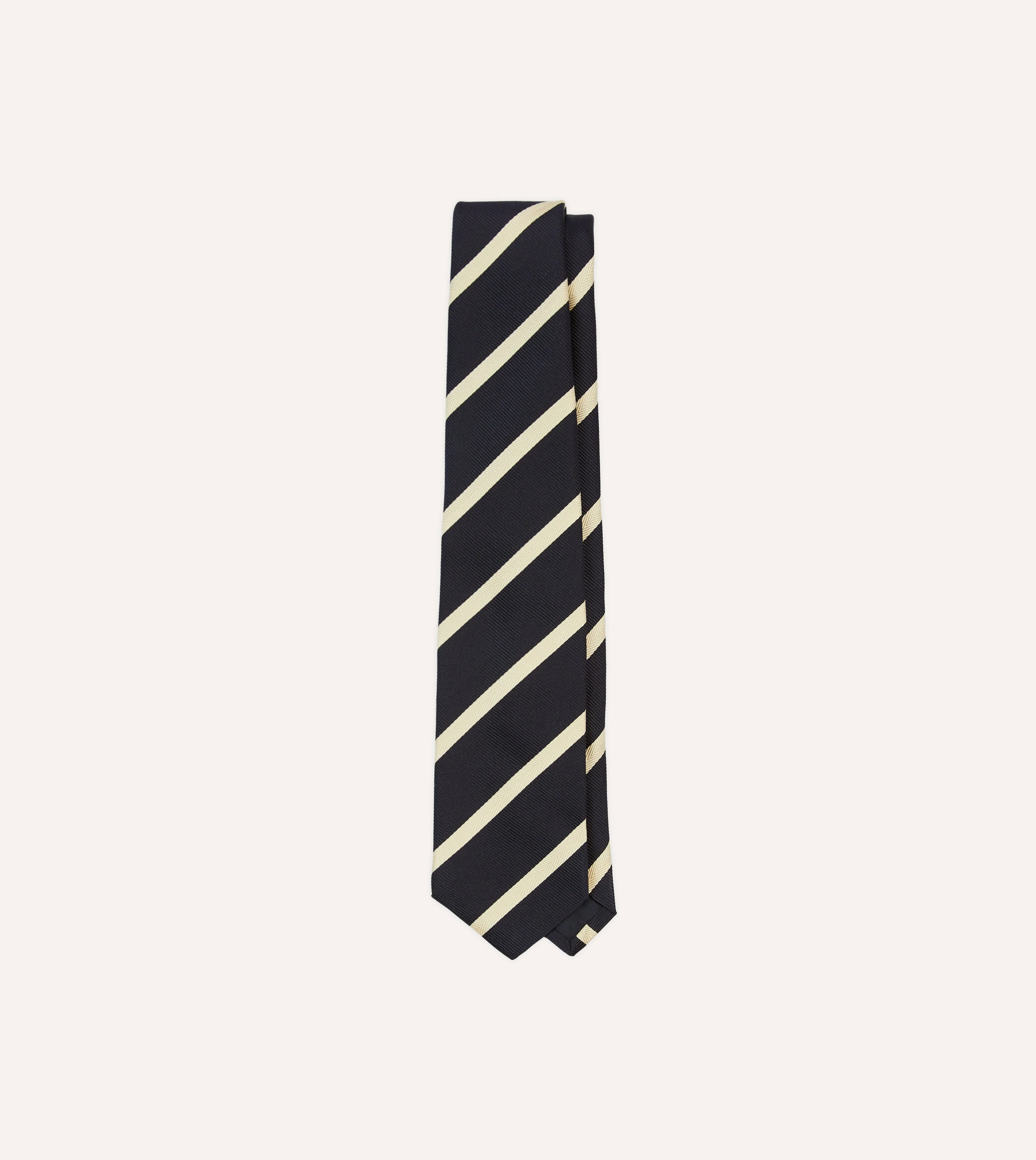 Navy and Ecru Herringbone Bar Stripe Mogador Silk Tipped Tie - 1