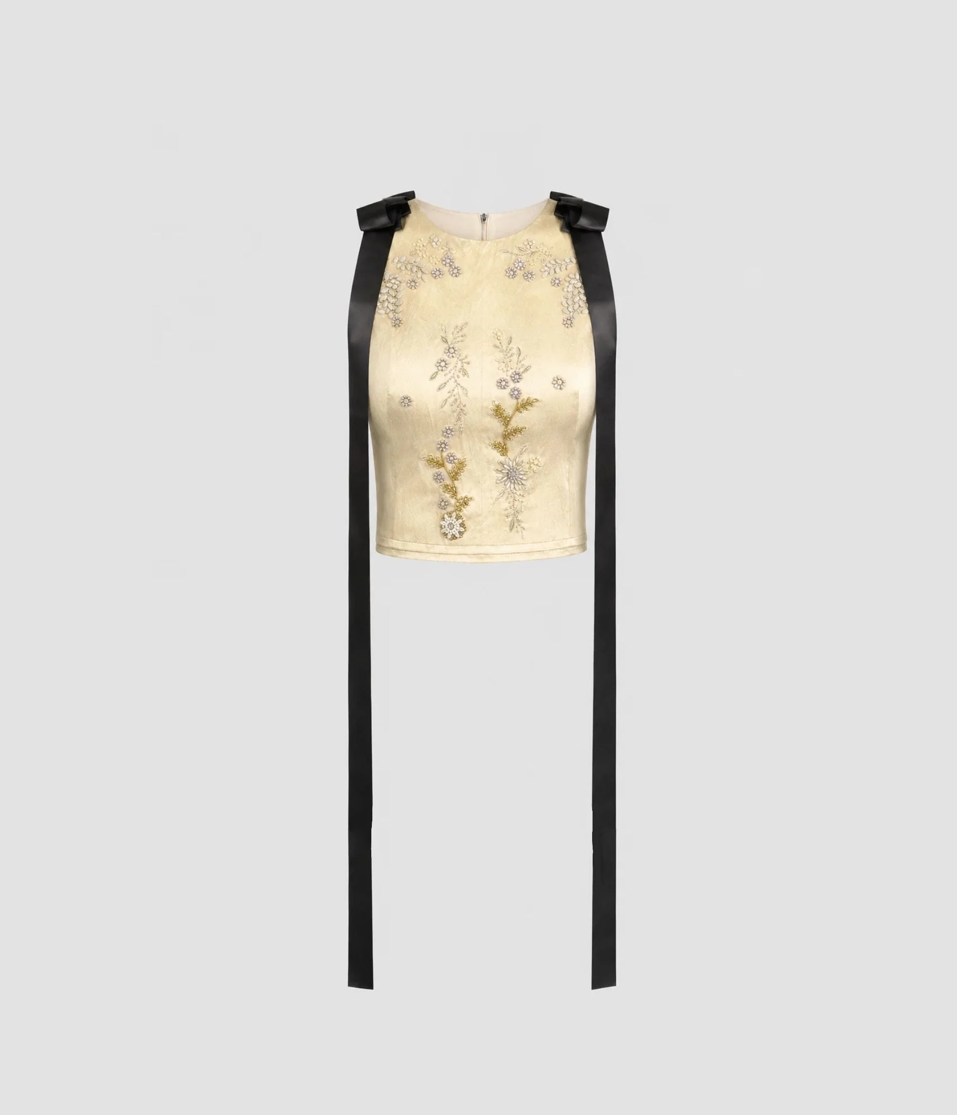 EMBROIDERED TEXTURED SATIN SLEEVELESS TOP - 1