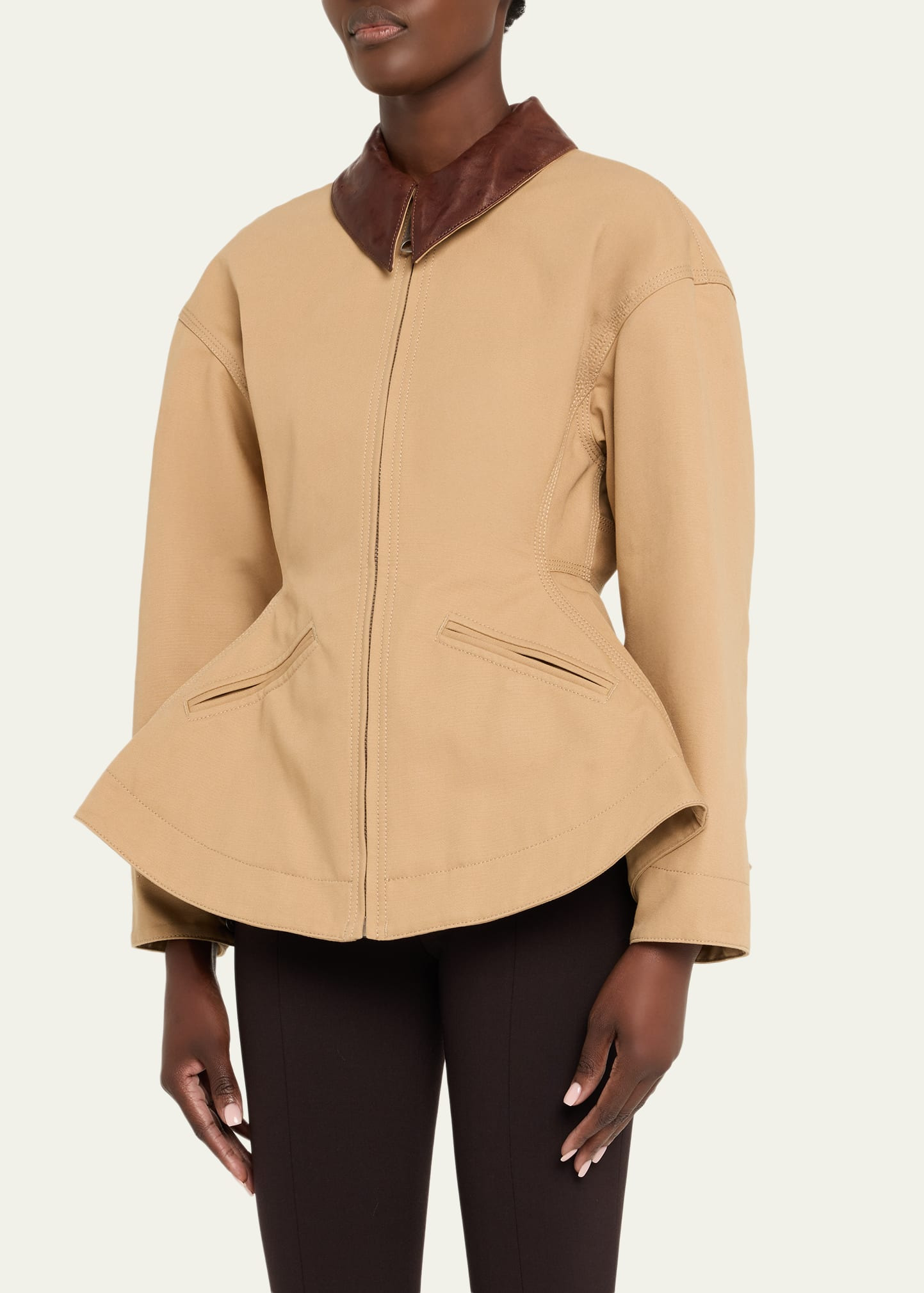 Waisted Canvas Full-Zip Jacket with Lambskin Collar - 4
