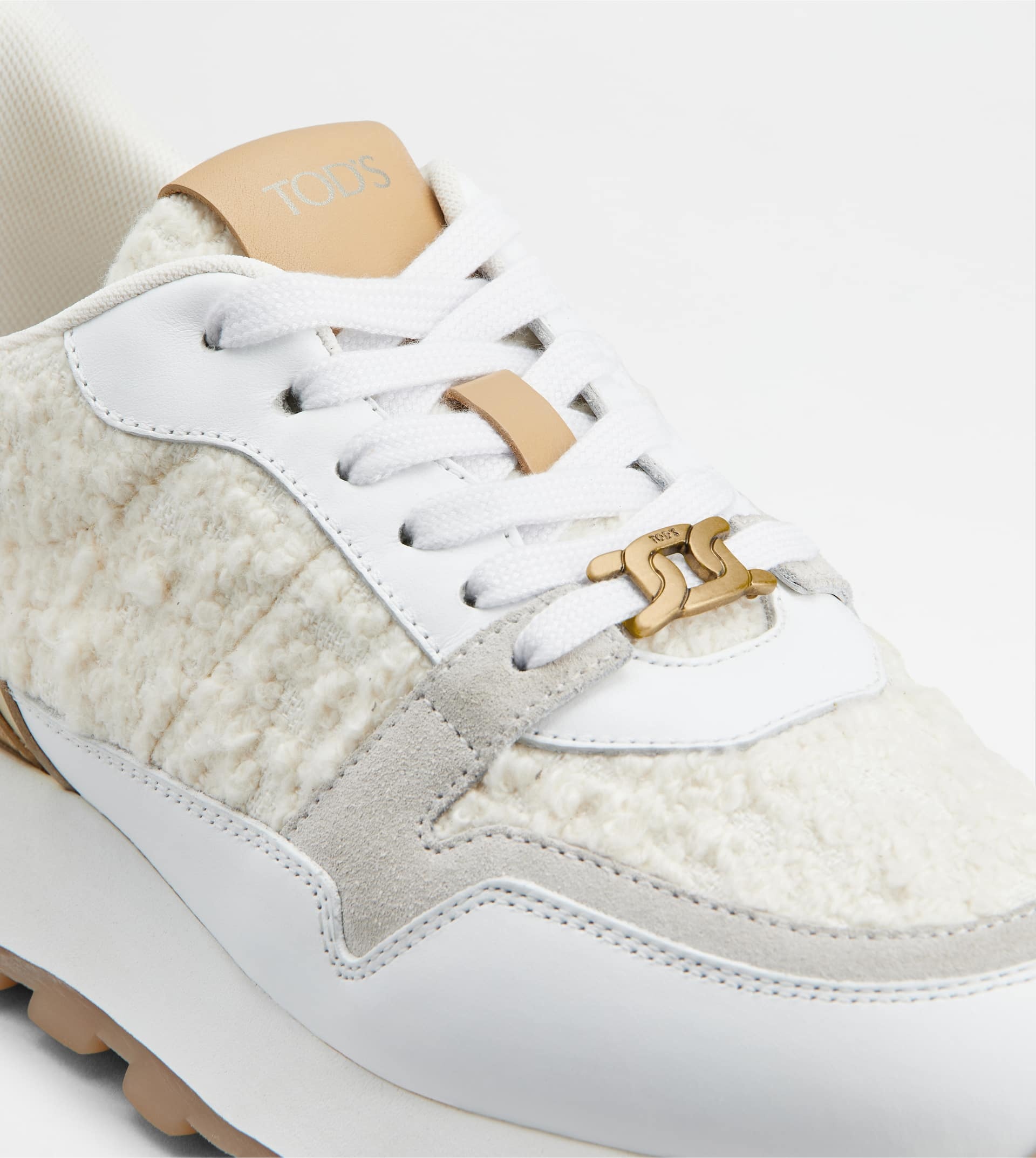SNEAKERS IN LEATHER AND BOUCLÉ FABRIC - BEIGE, WHITE, PINK - 5