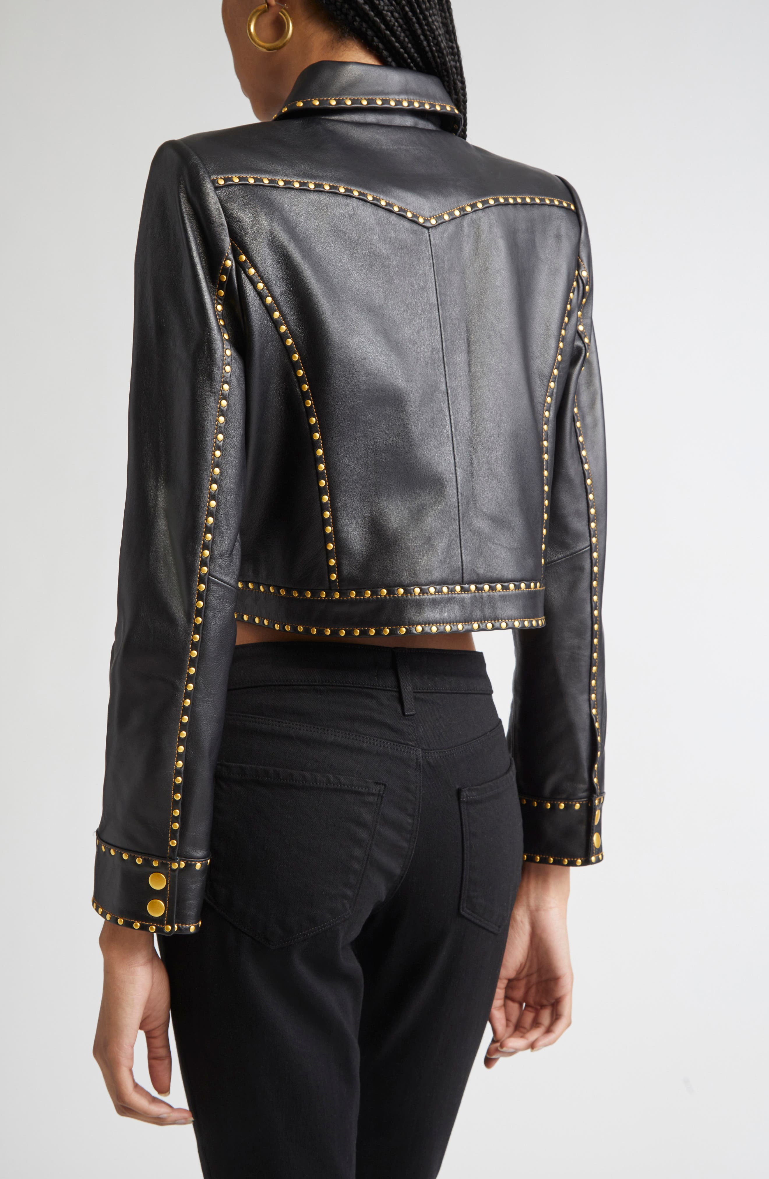 L'AGENCE Winsome Studded Crop Leather Jacket in Black at Nordstrom - 3
