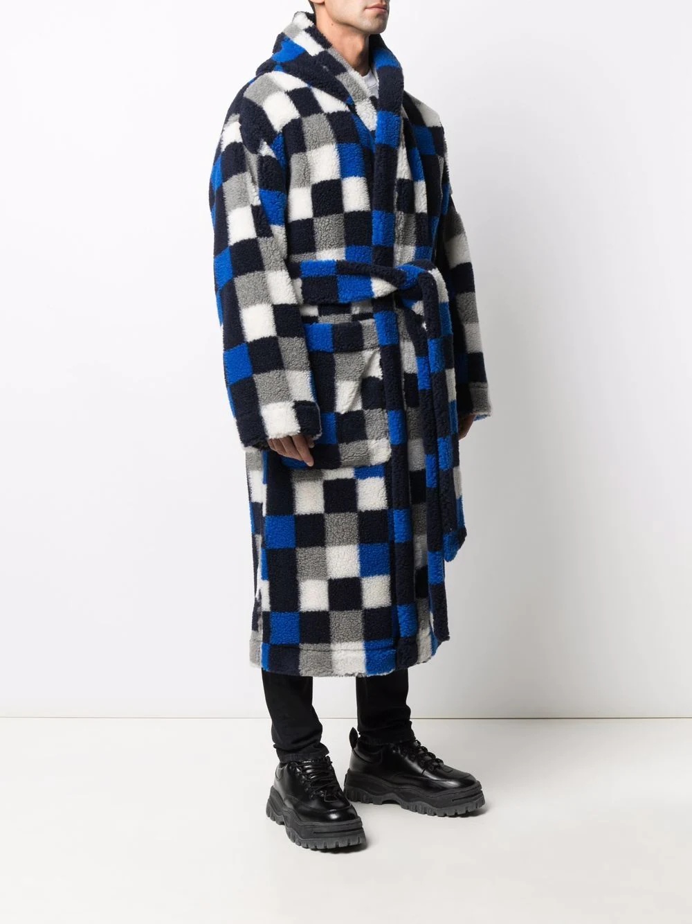 checkerboard pile hooded robe - 3