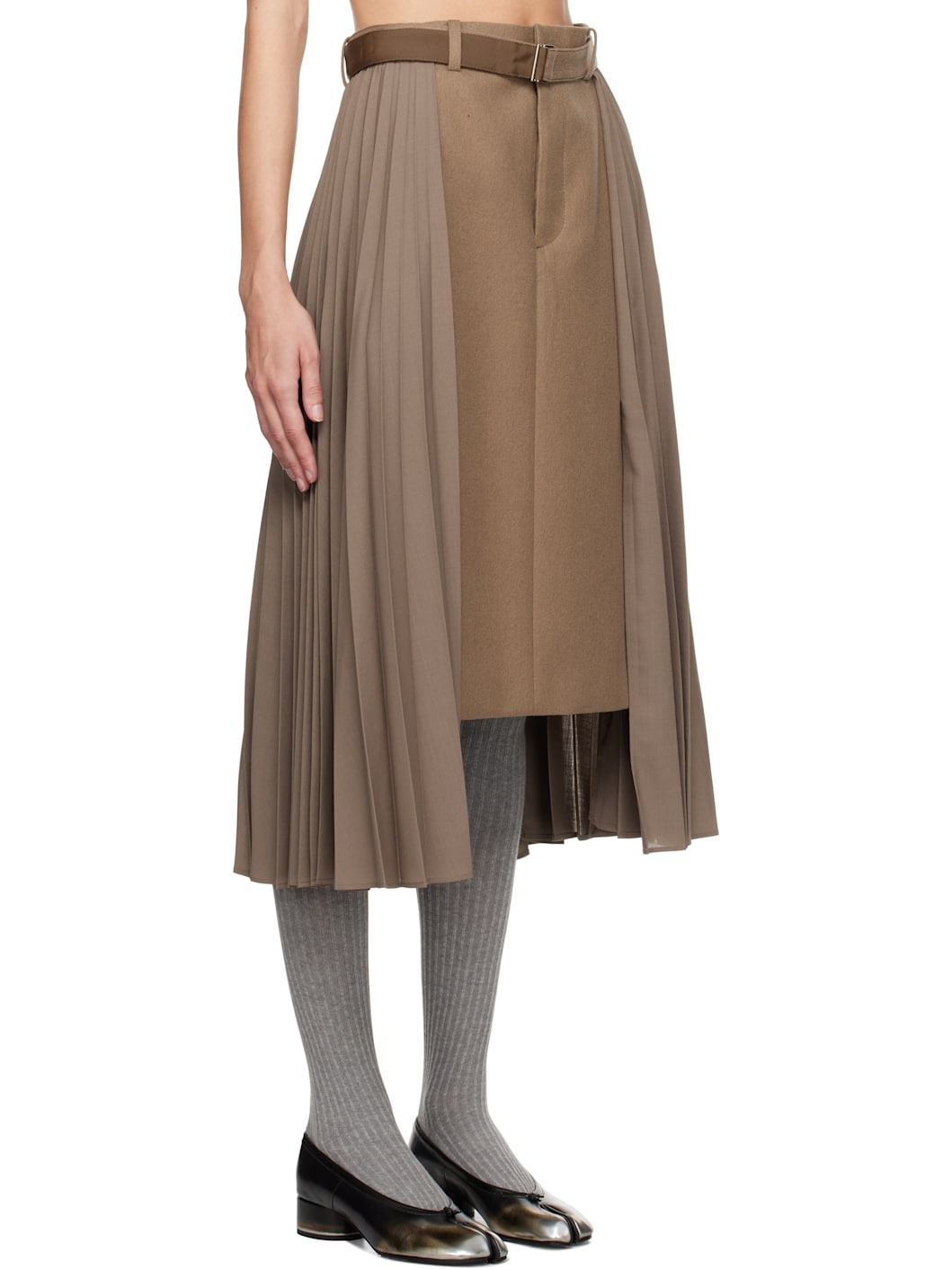 Khaki Suiting & Wool Melton Midi Skirt - 2
