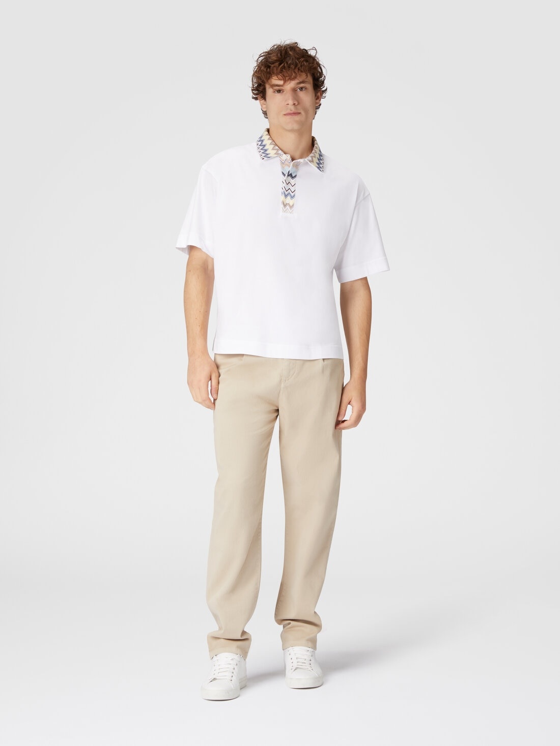 Cotton jersey polo shirt with chevron knit inserts - 2