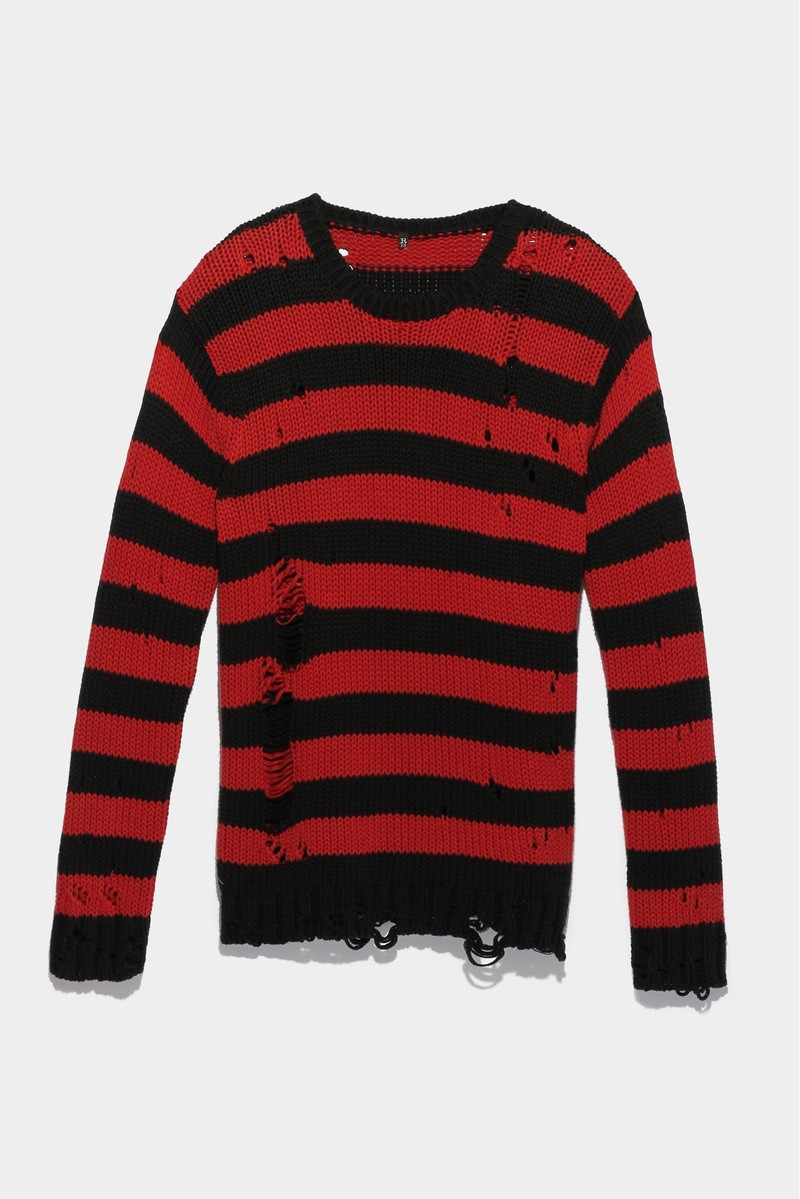 SHREDDED GRUNGE CREWNECK - RED/BLACK STRIPE 1