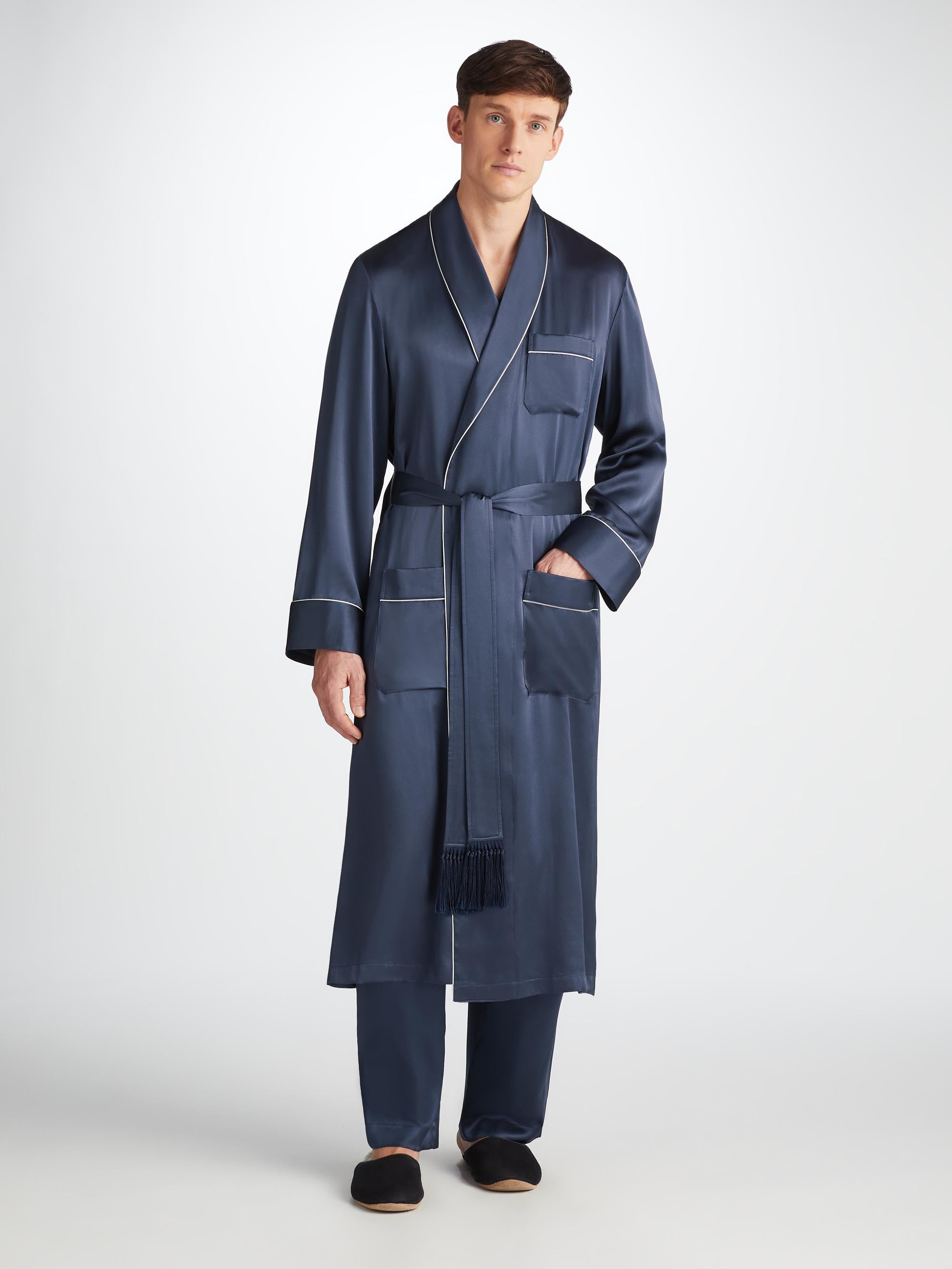 Men's Dressing Gown Bailey Silk Satin Navy - 1