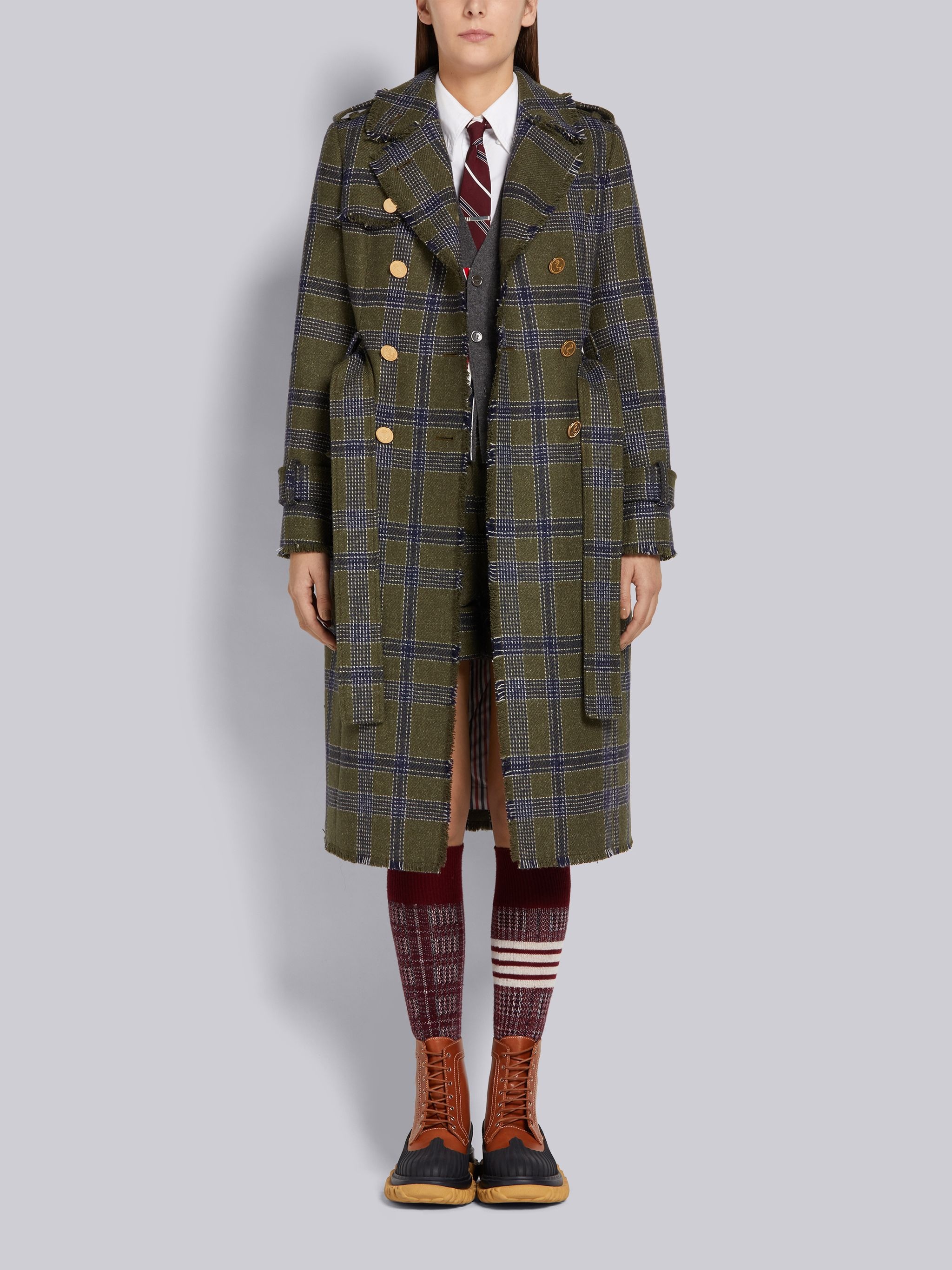 Dark Green Madras Check British Wool Frayed Single Vent Classic Trench Coat - 4