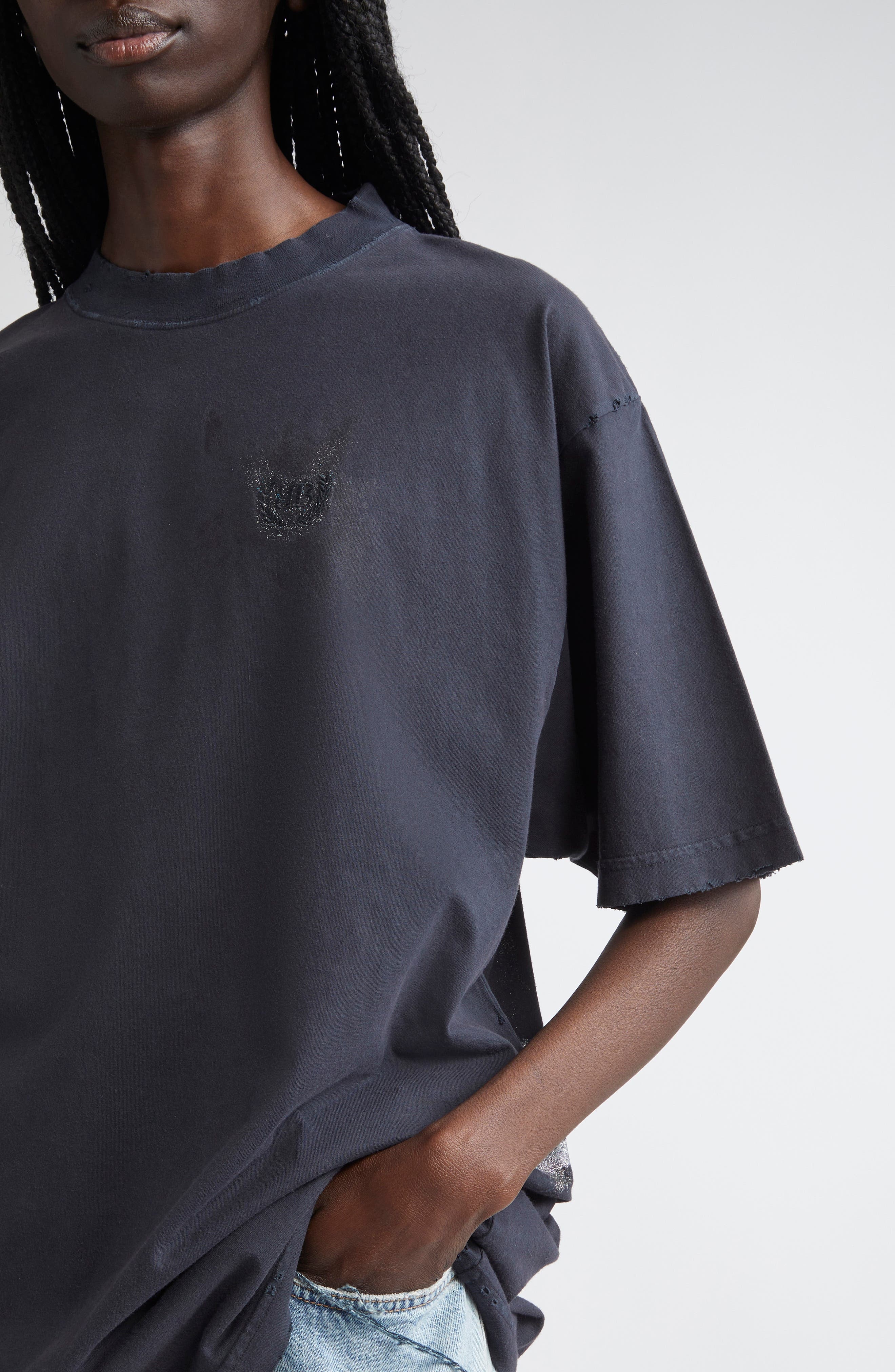 Balenciaga Medium Fit Nail Polish Distressed Logo Graphic T-Shirt in 1041 Faded Washed Black at Nord - 5