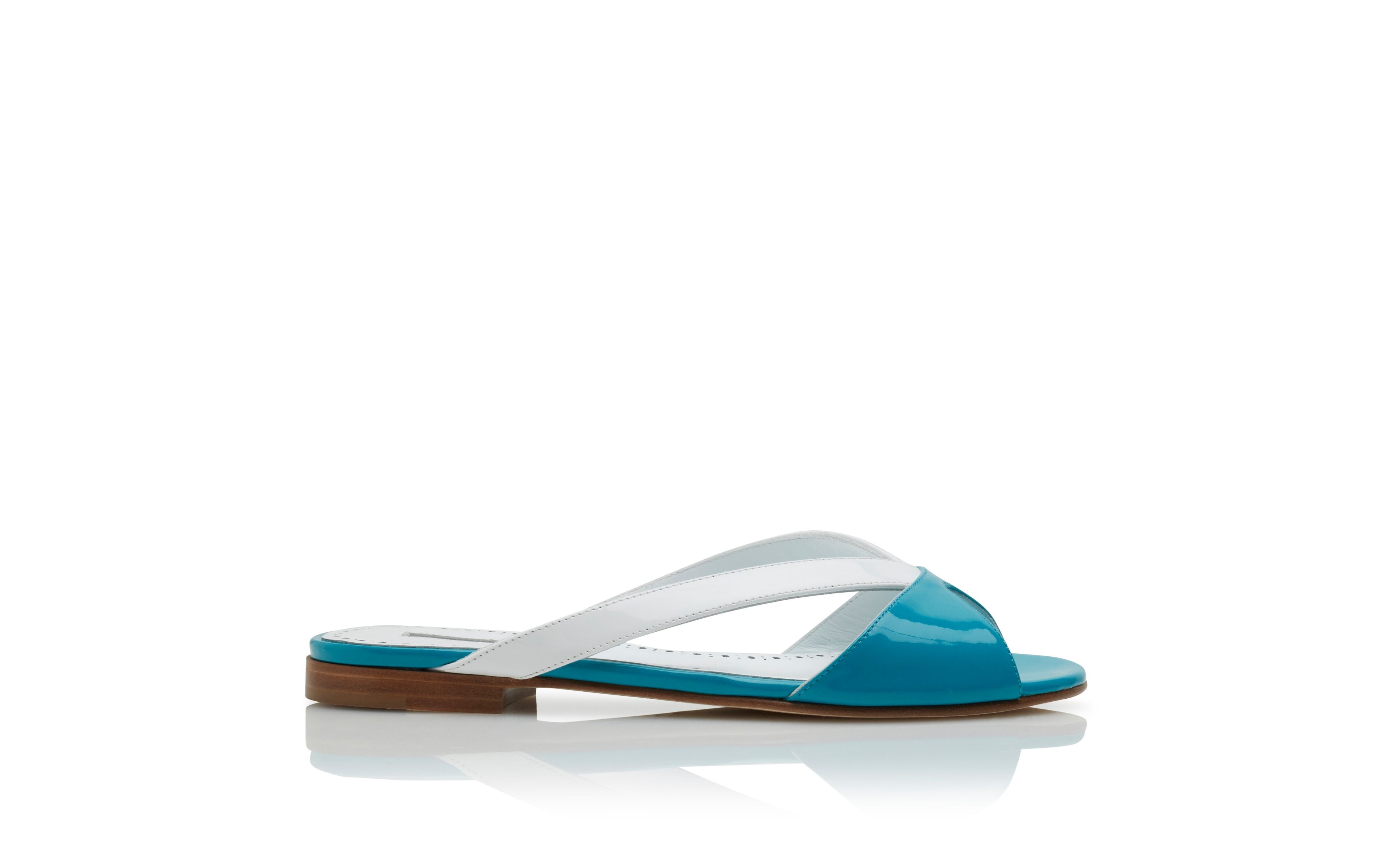 Blue and White Patent Flat Sandals - 1