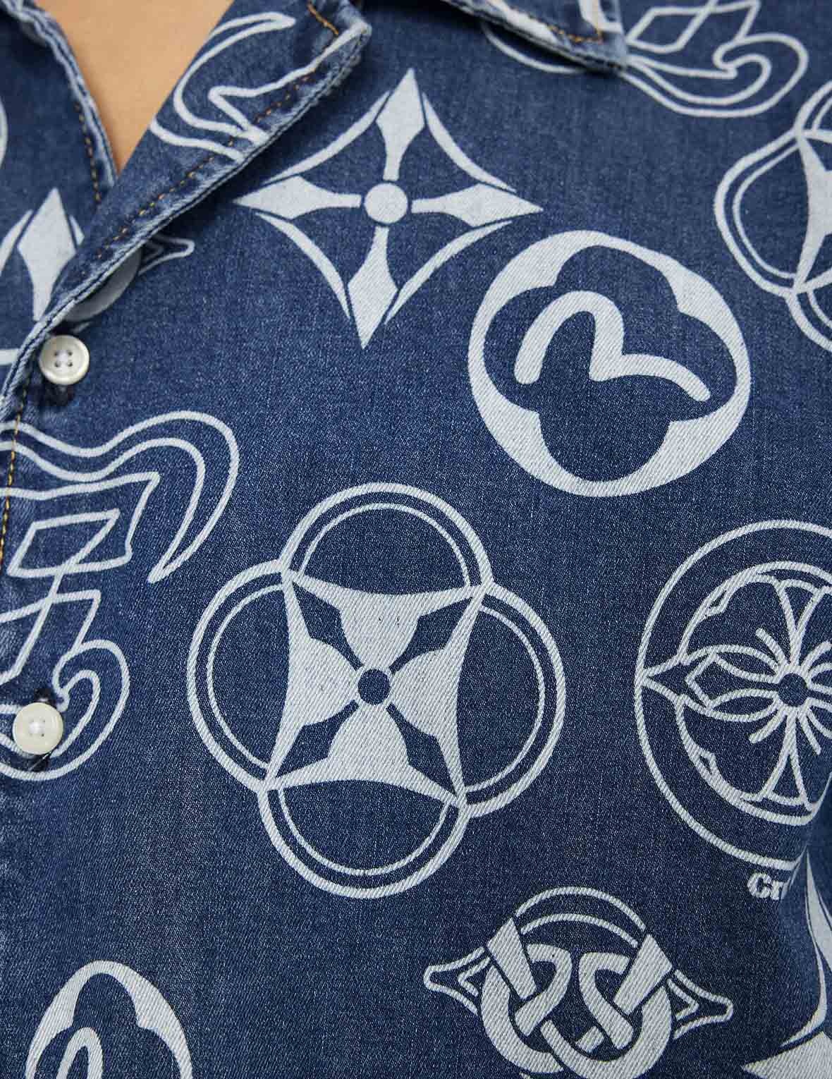 Allover Kamon Print Relax Fit Denim Short Sleeves Shirt - 6