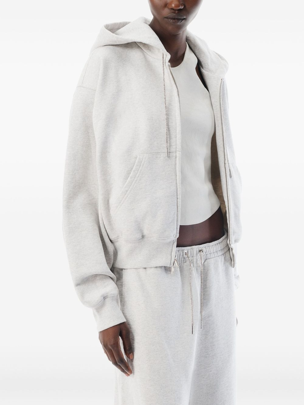 rhinestone-drawcord zip-up hoodie - 5