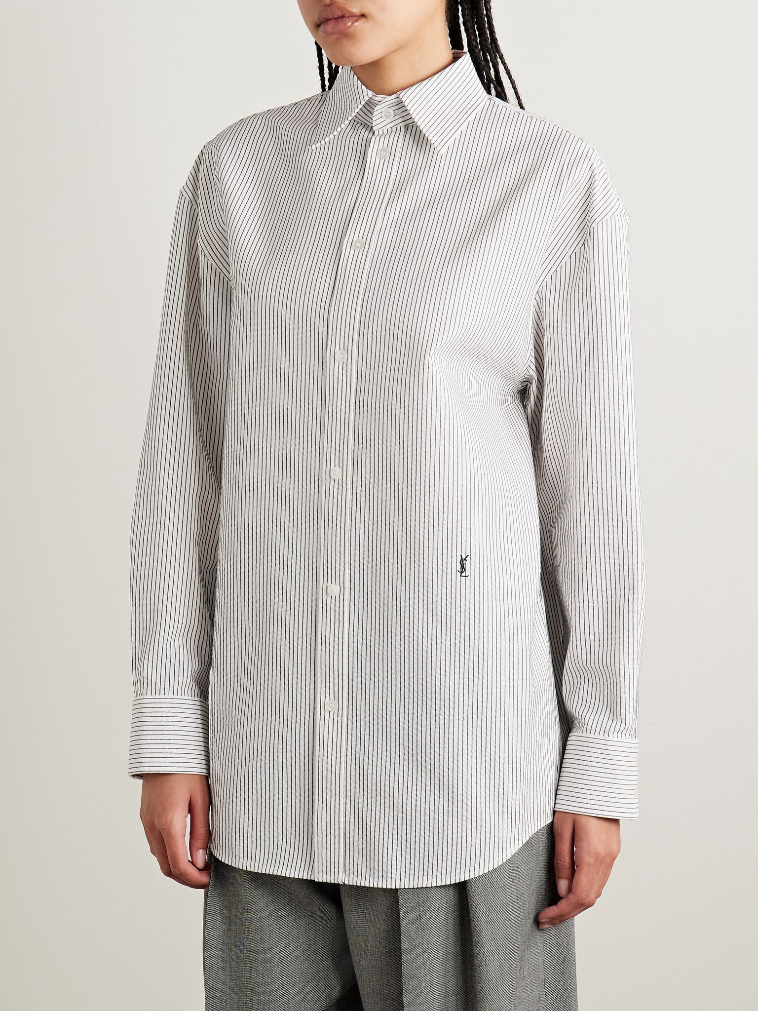 Embroidered striped cotton shirt White - 3