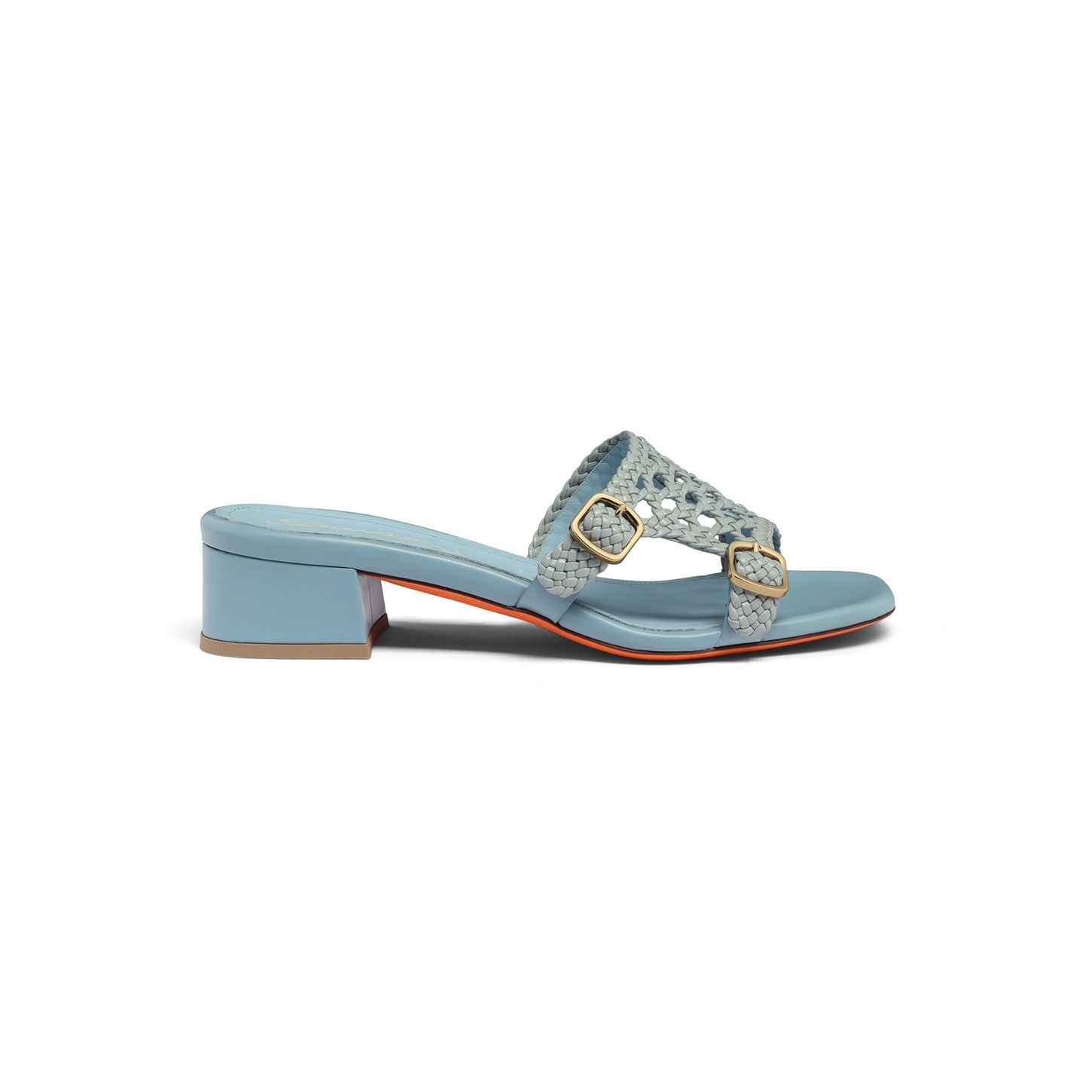 Women's light blue woven leather double-buckle Didi slide sandal - 1