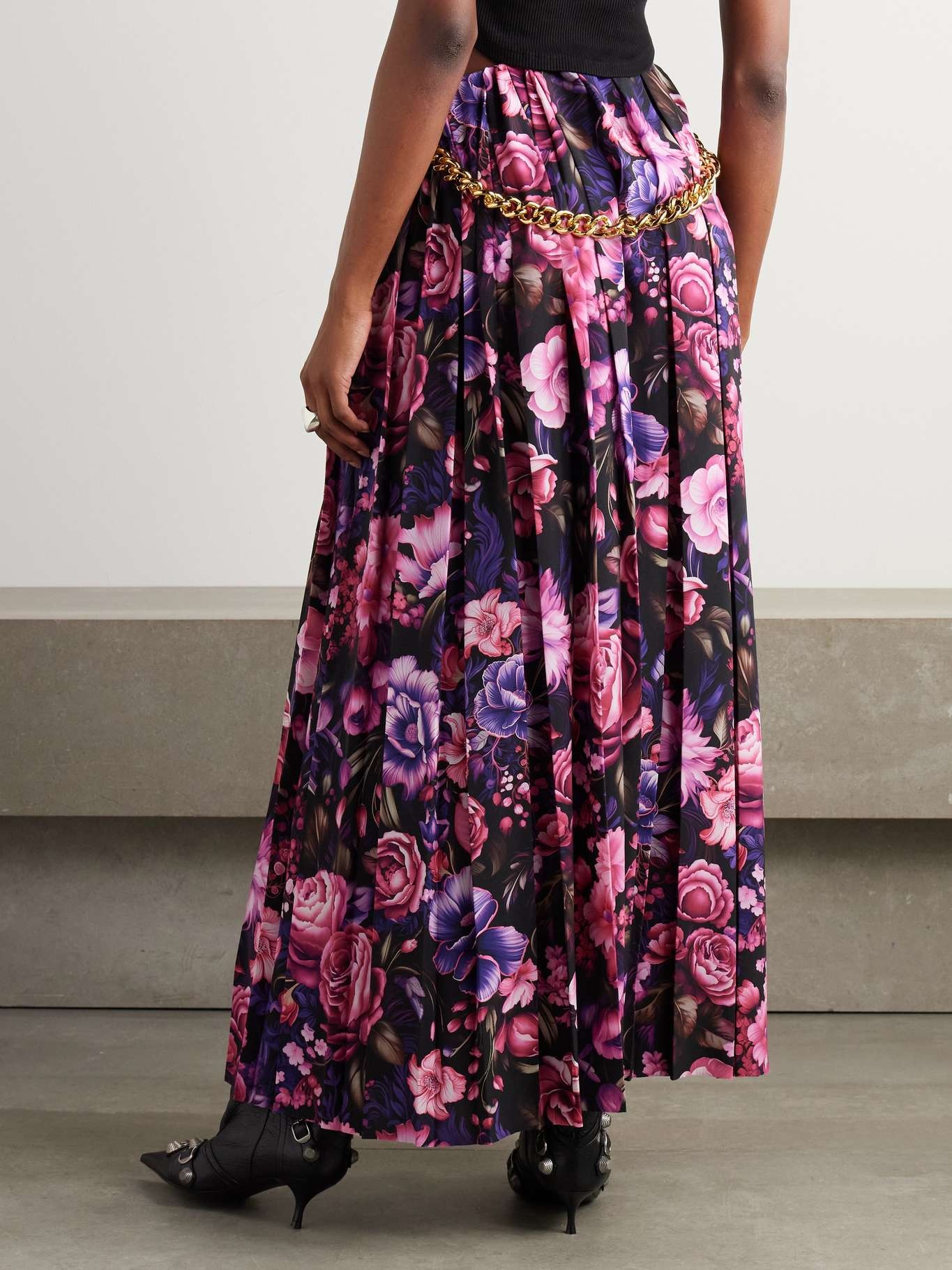 Chain-embellished pleated floral-print crepe maxi skirt - 4