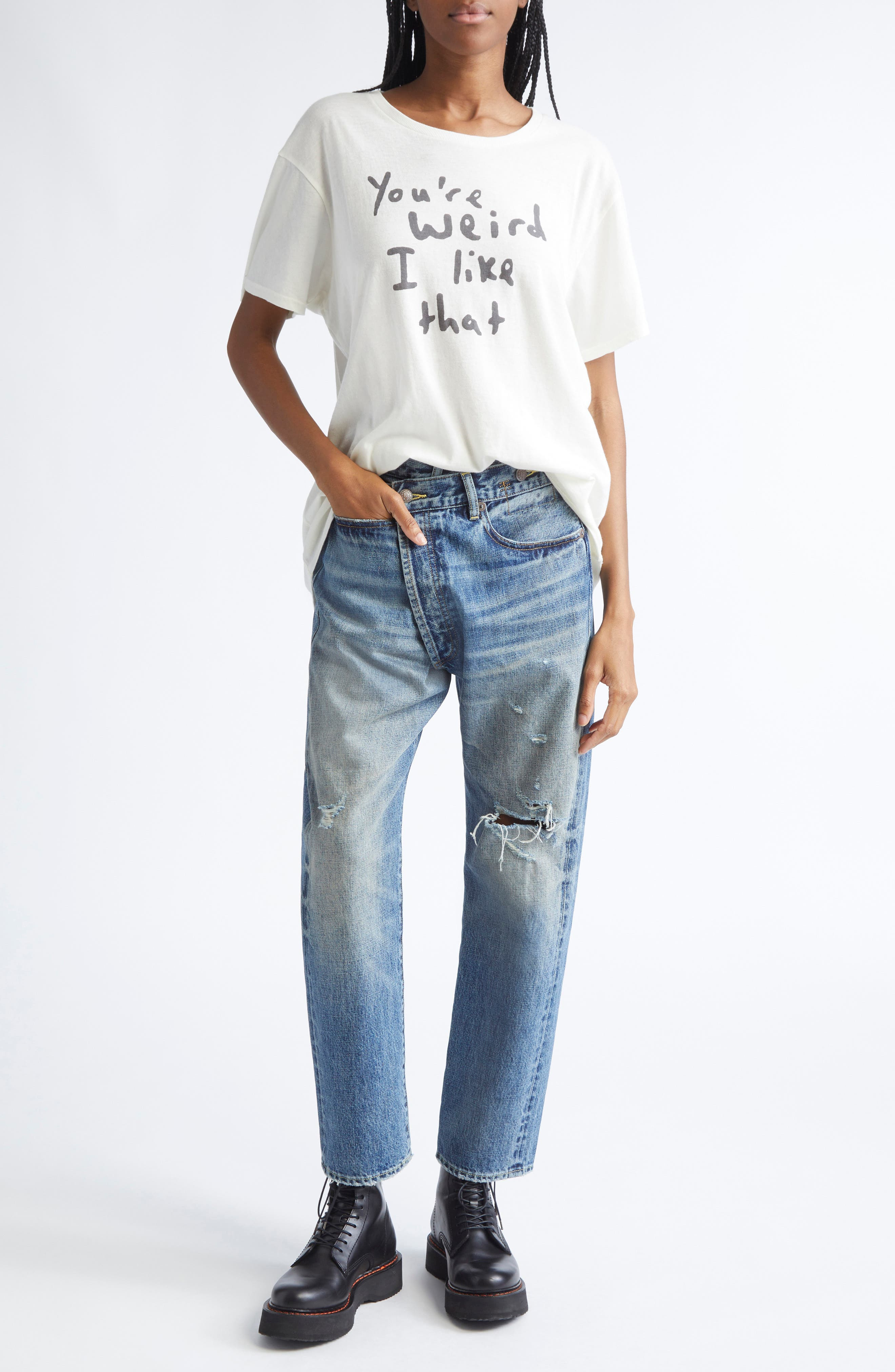R13 Crossover Ripped Knee Straight Leg Jeans in Leo Blue at Nordstrom - 2