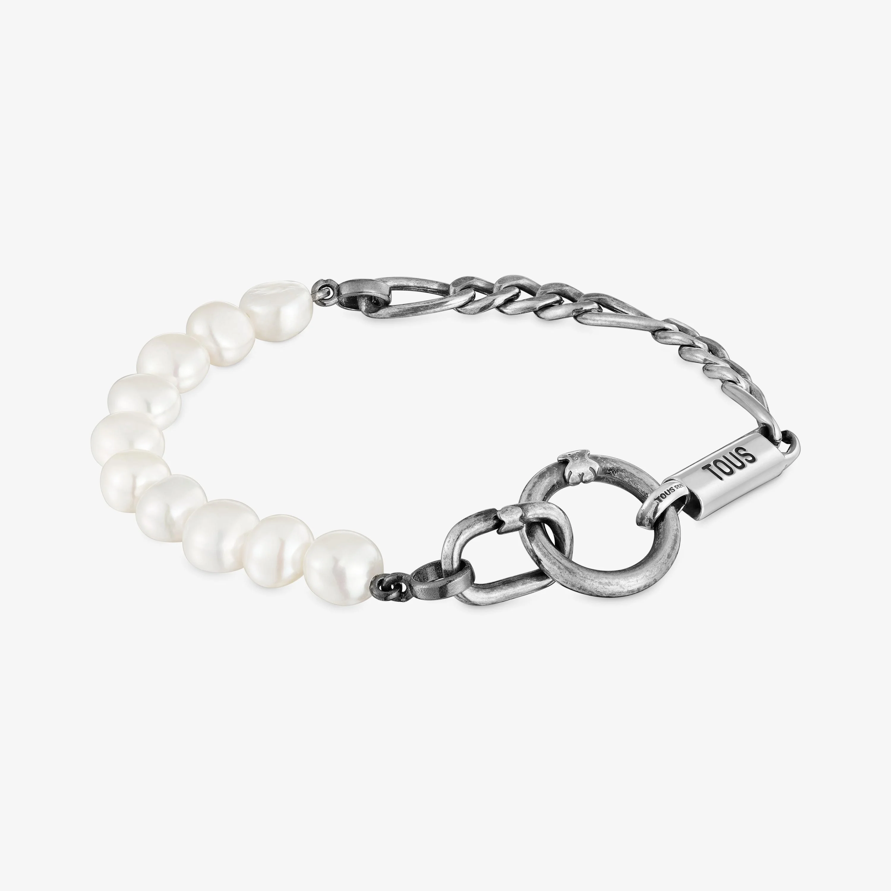 Silver curb chain Bracelet with cultured pearls Hold Man - 1