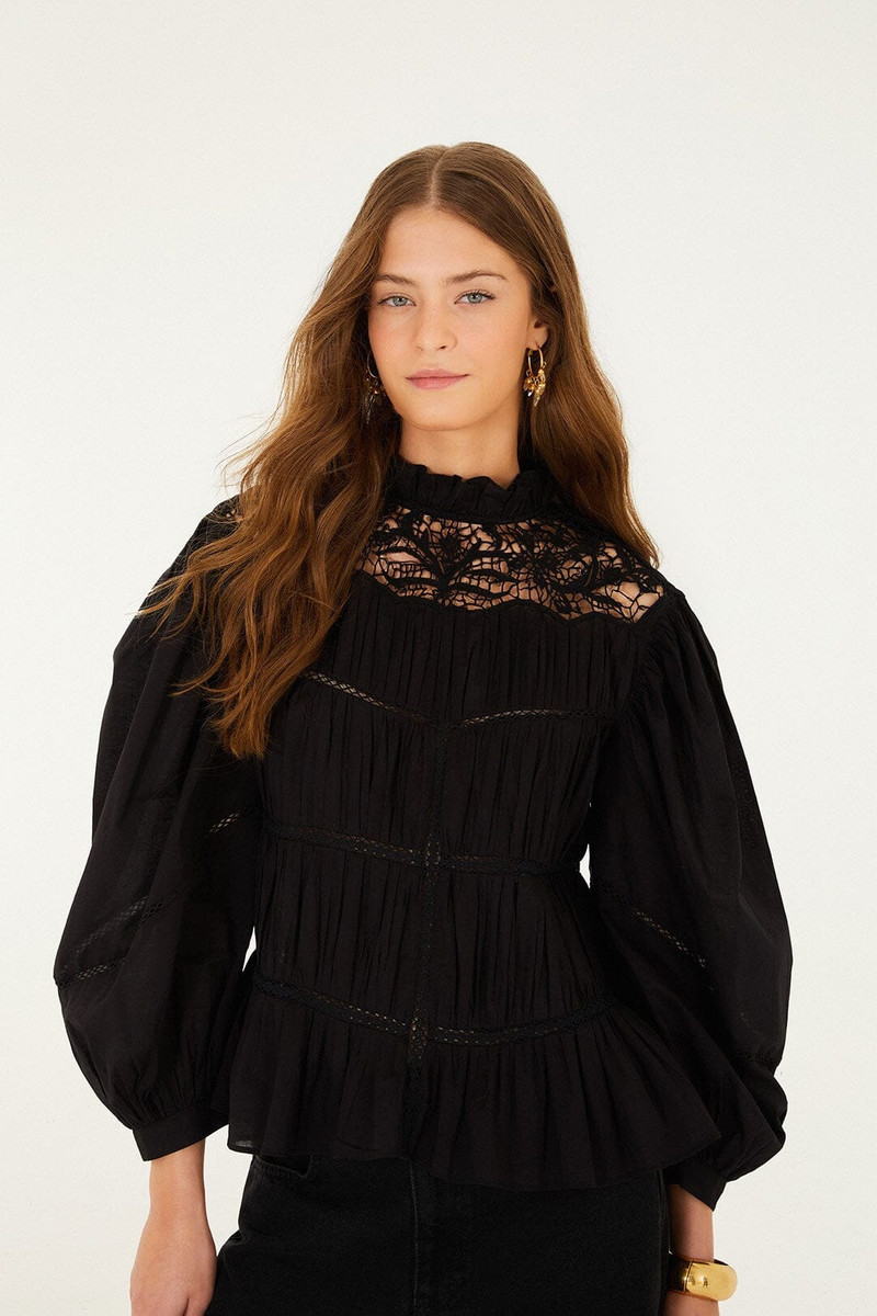 Black Lace Puff Sleeve Blouse 1