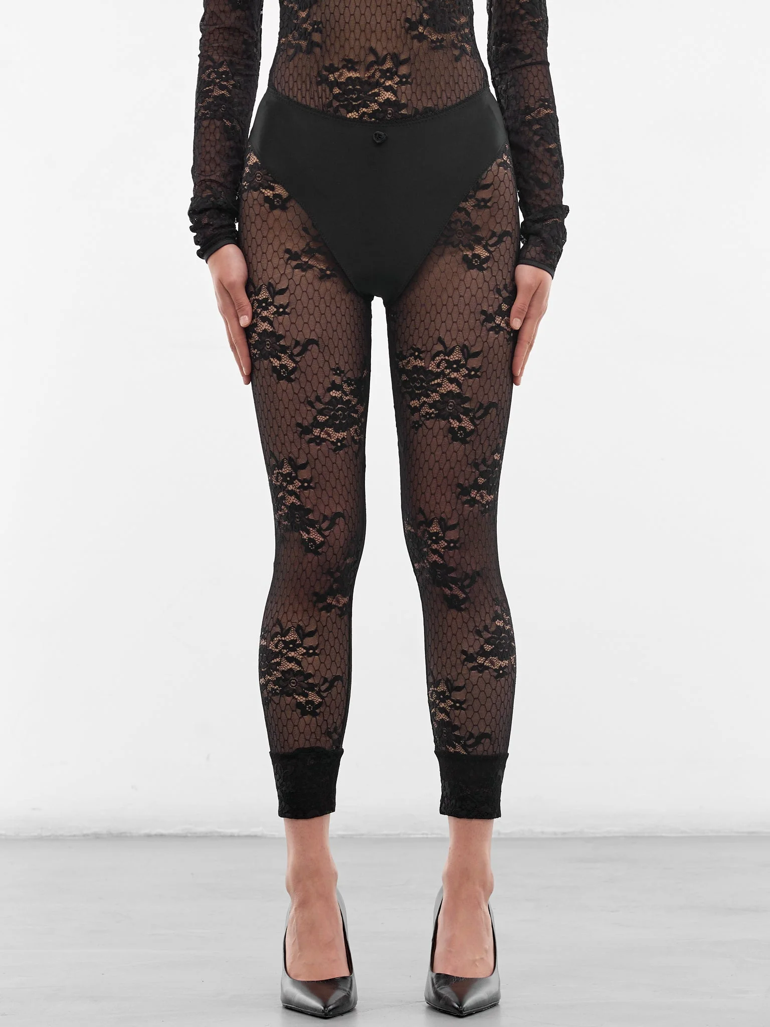 Black Floral Lace Cropped Leggings - 1
