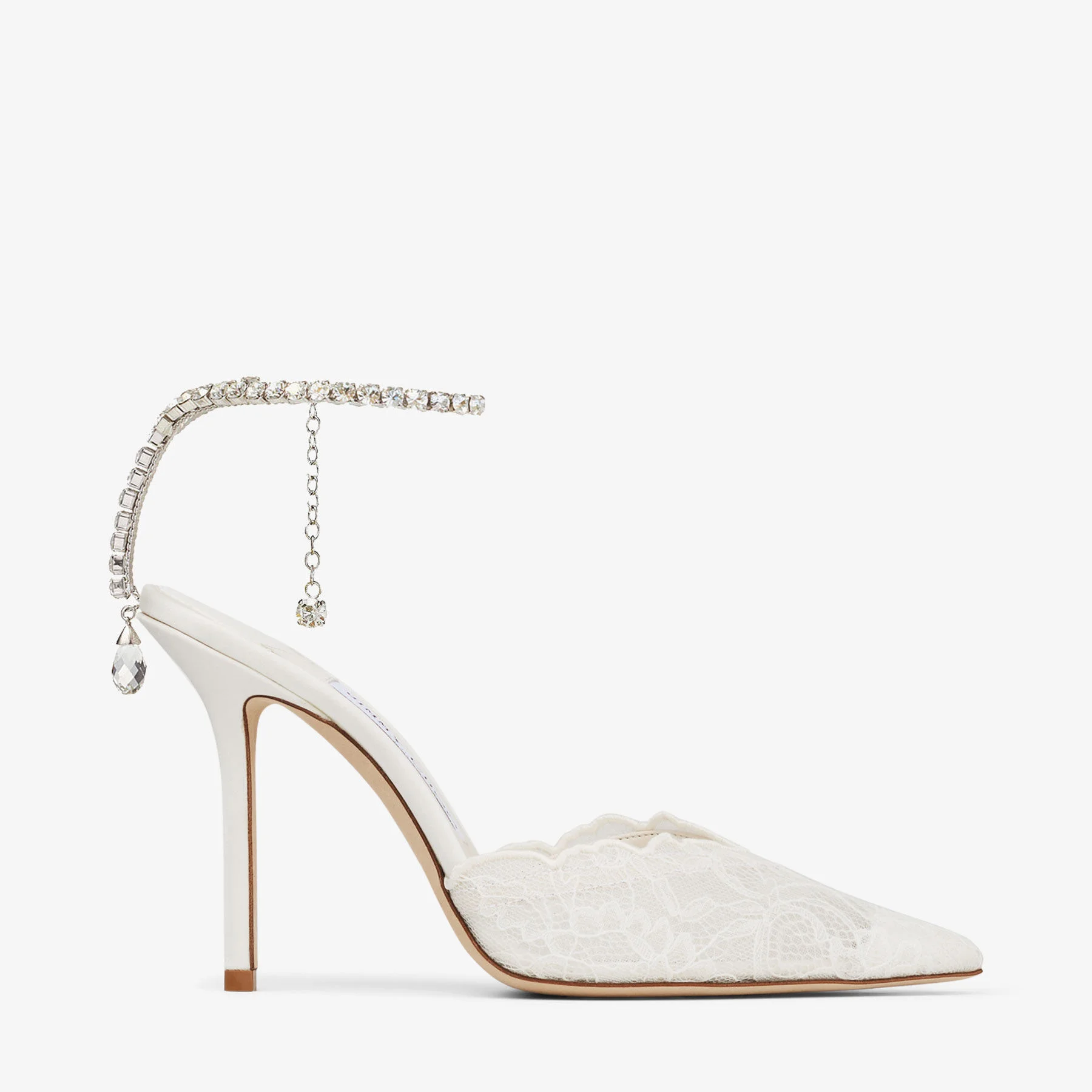 Saeda 100 Ivory Jimmy Choo Lace Pumps with Crystal Chain Anklet - 1