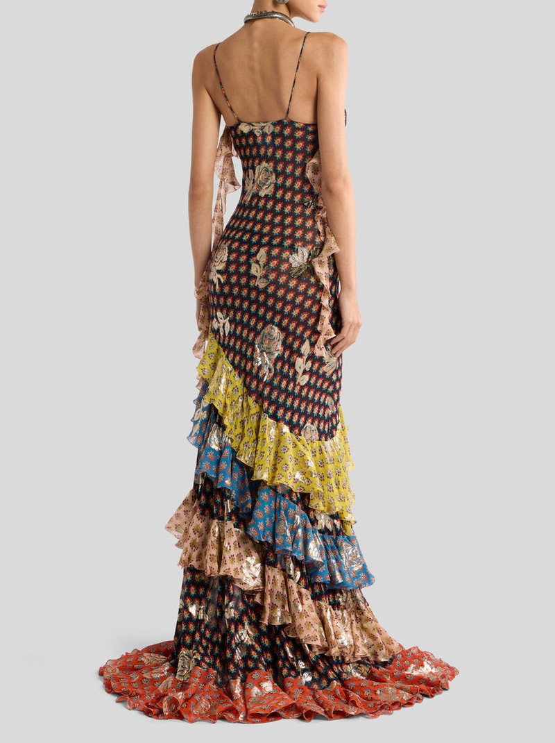 LONG SILK DRESS WITH FIL COUPÉ ROSES AND TIE-INSPIRED MOTIF 4