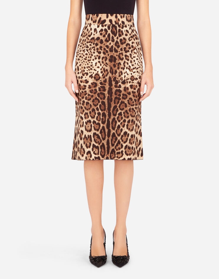 Leopard-print charmeuse calf-length pencil skirt - 1