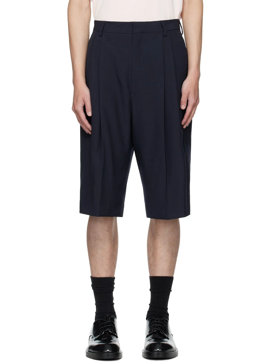 Navy Tailored Wool Shorts - 1