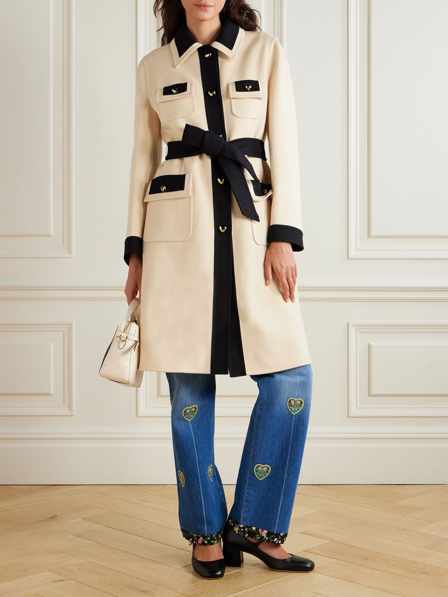 Belted two-tone brushed wool and cashmere-blend coat Cream - 3