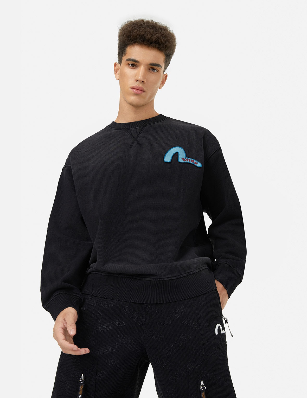 Washed Seagull and Logo Badge Daicock Print Loose Fit Sweatshirt - 6