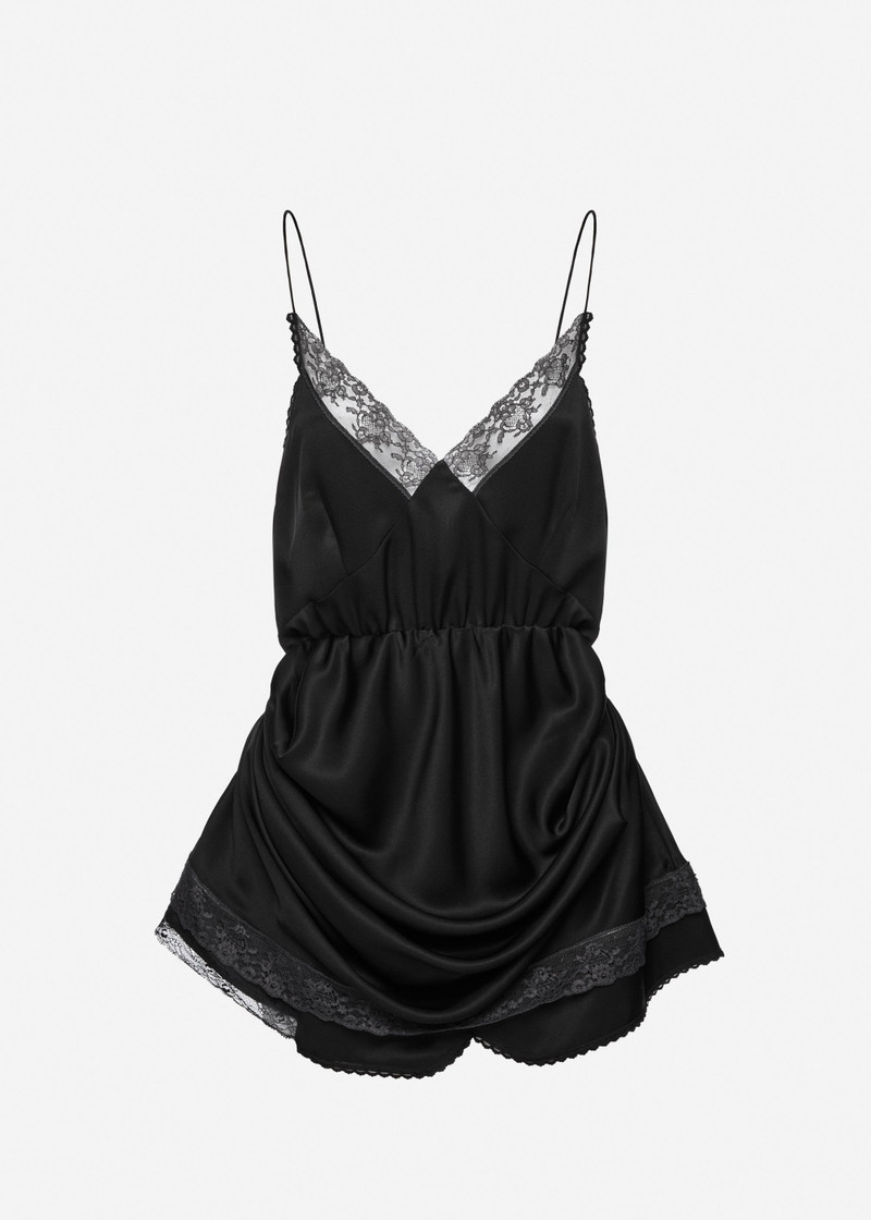 Draped lace-trim slip mini dress in black 1