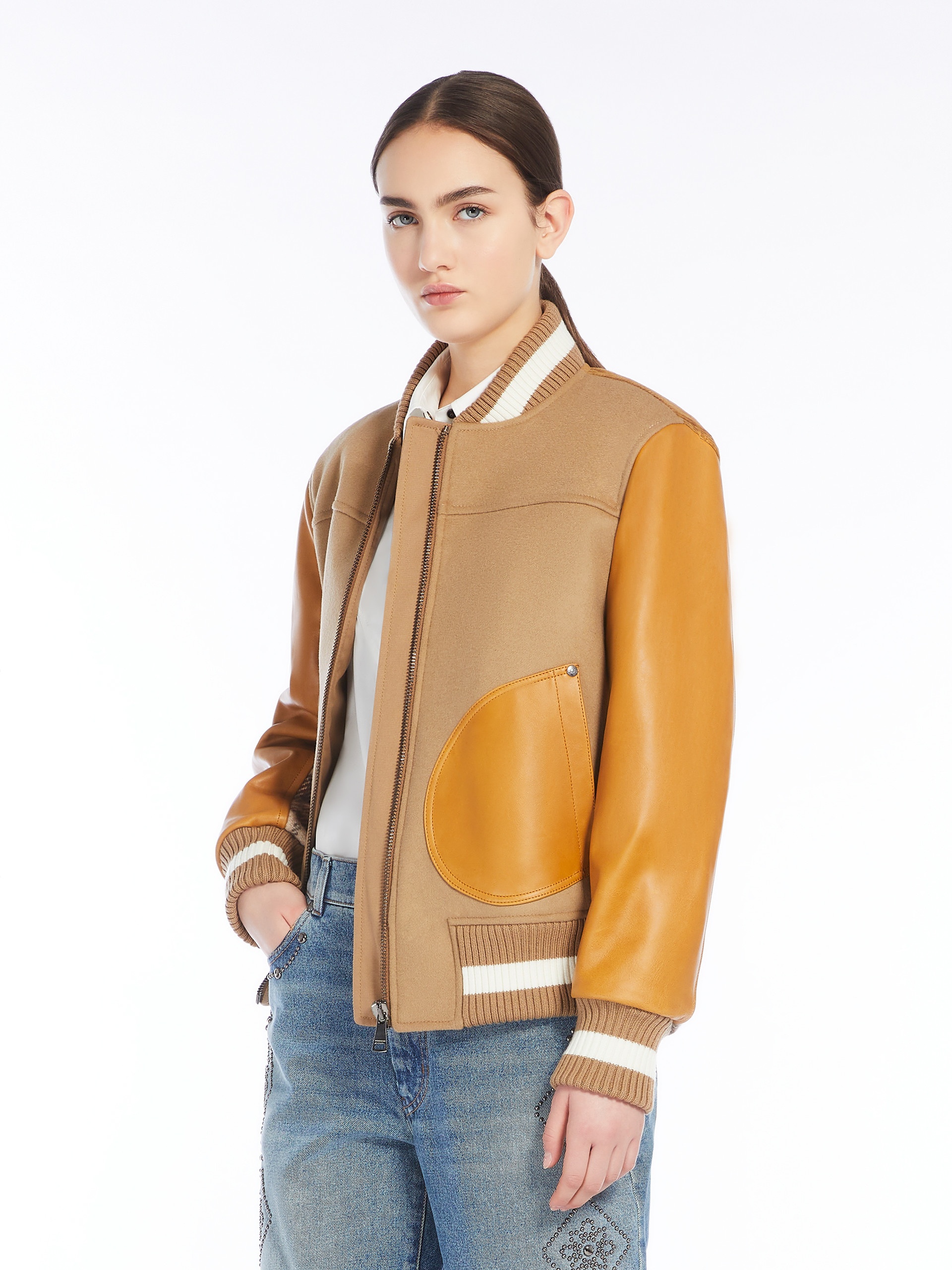 NERONE Wool, velvet and leather bomber jacket - 5