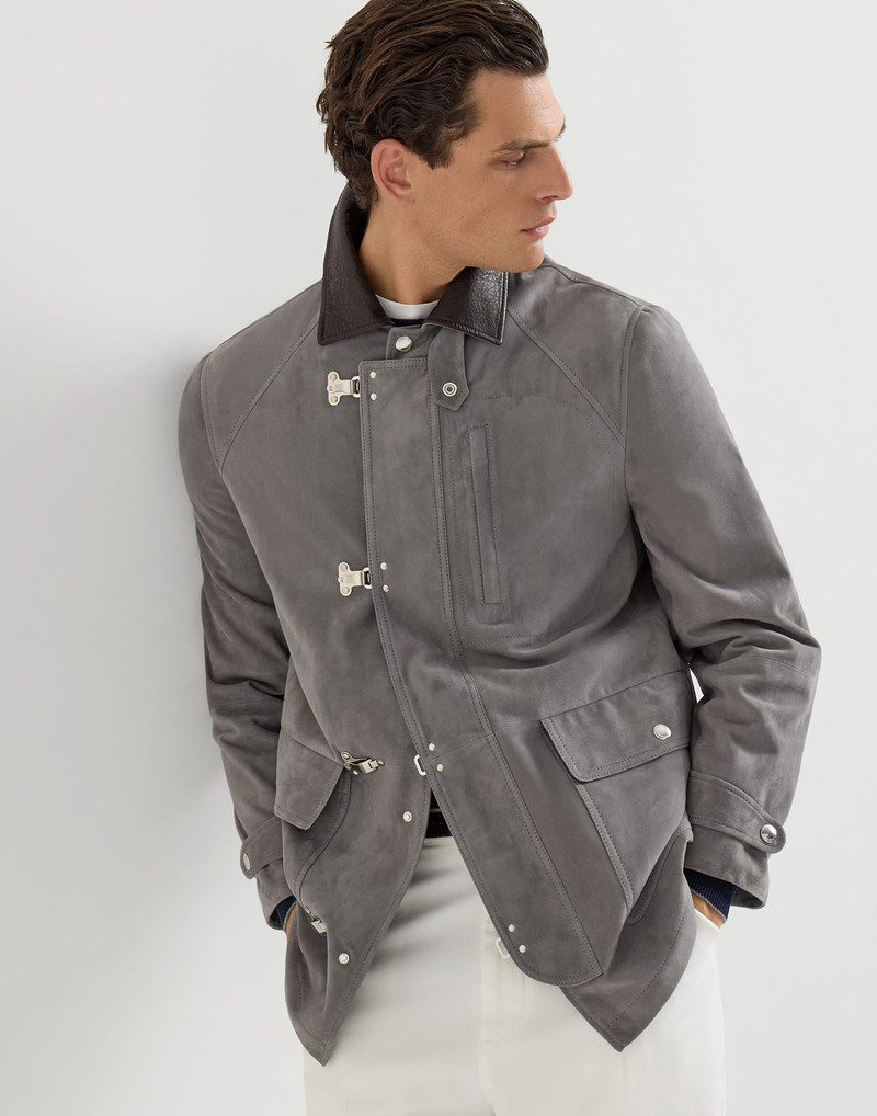 Suede outerwear jacket with hook fastening 5