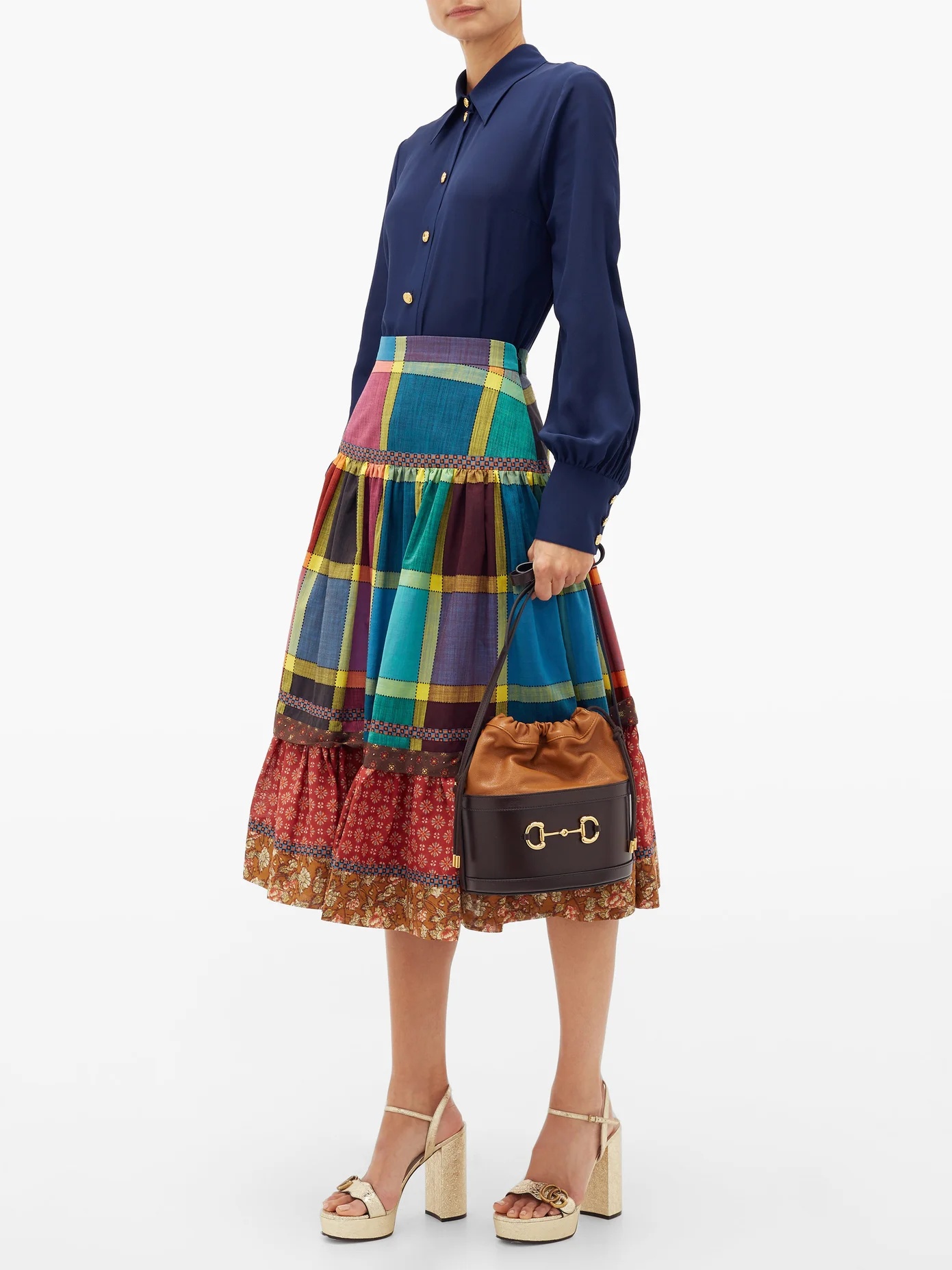 Madras-check gathered A-line cotton midi skirt - 2