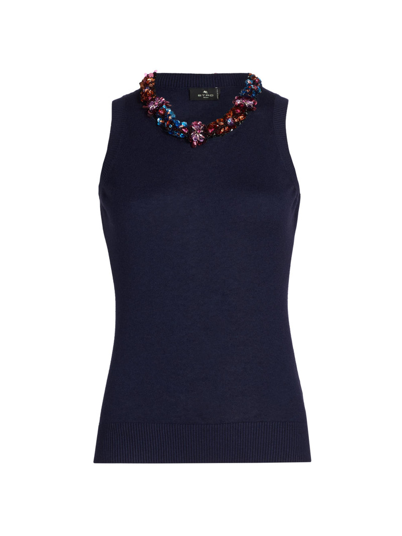 Women's Jeweled Neckline Knit Top - Blue Mare 1