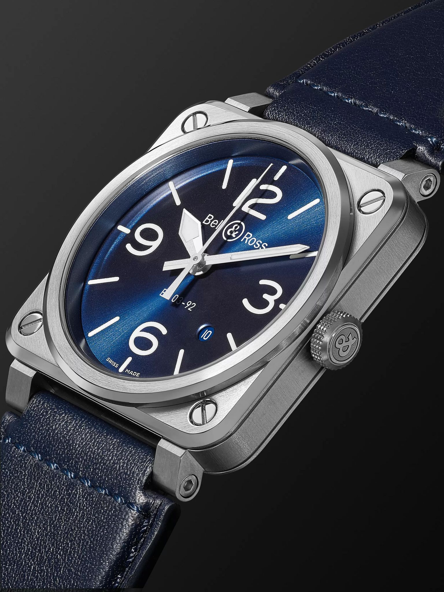 BR 03-92 Blue Steel Automatic 42mm Steel and Leather Watch, Ref. No. BR0392-BLU-ST/SCA Blue - 4