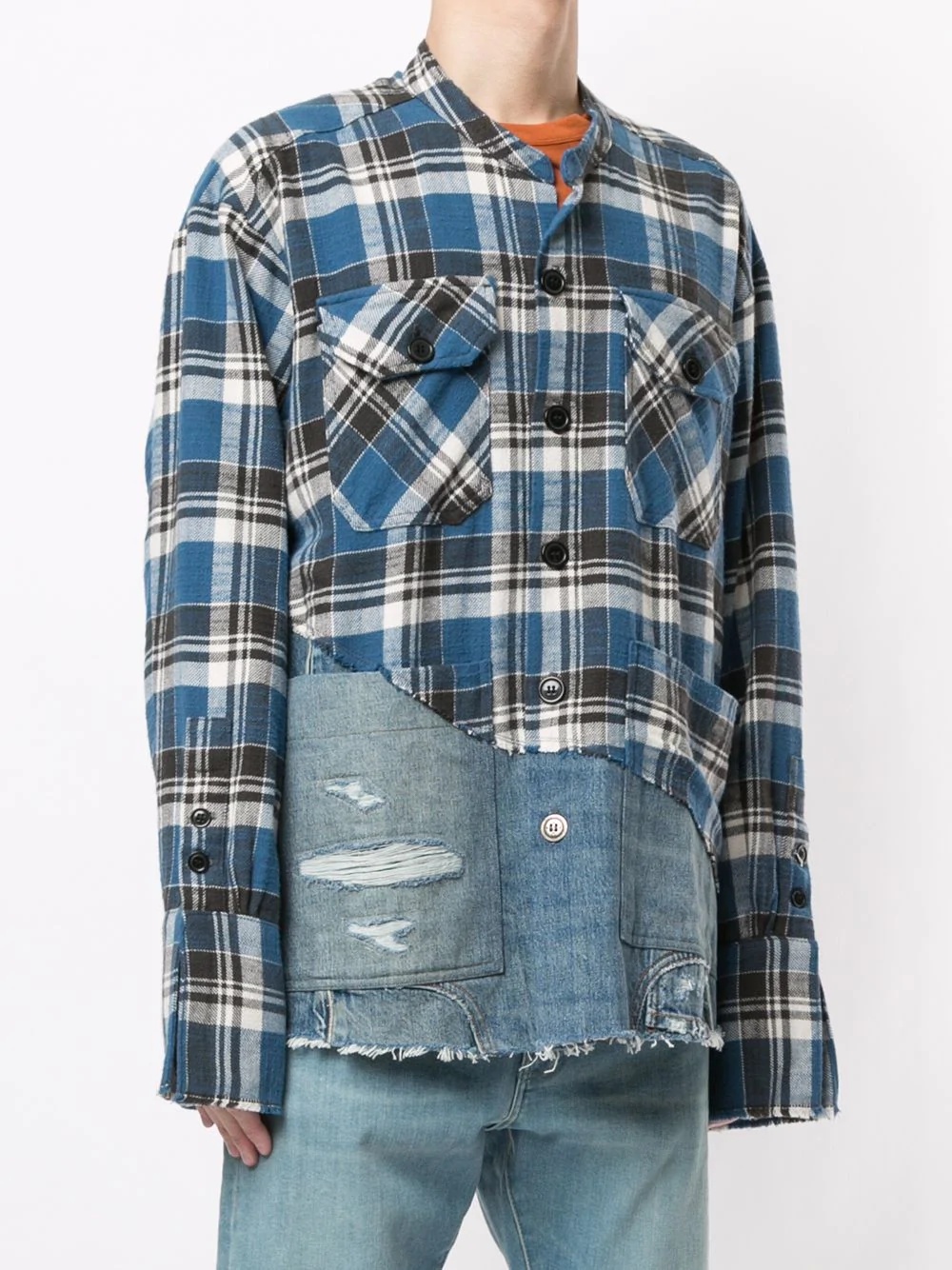 denim-panelled plaid shirt - 3