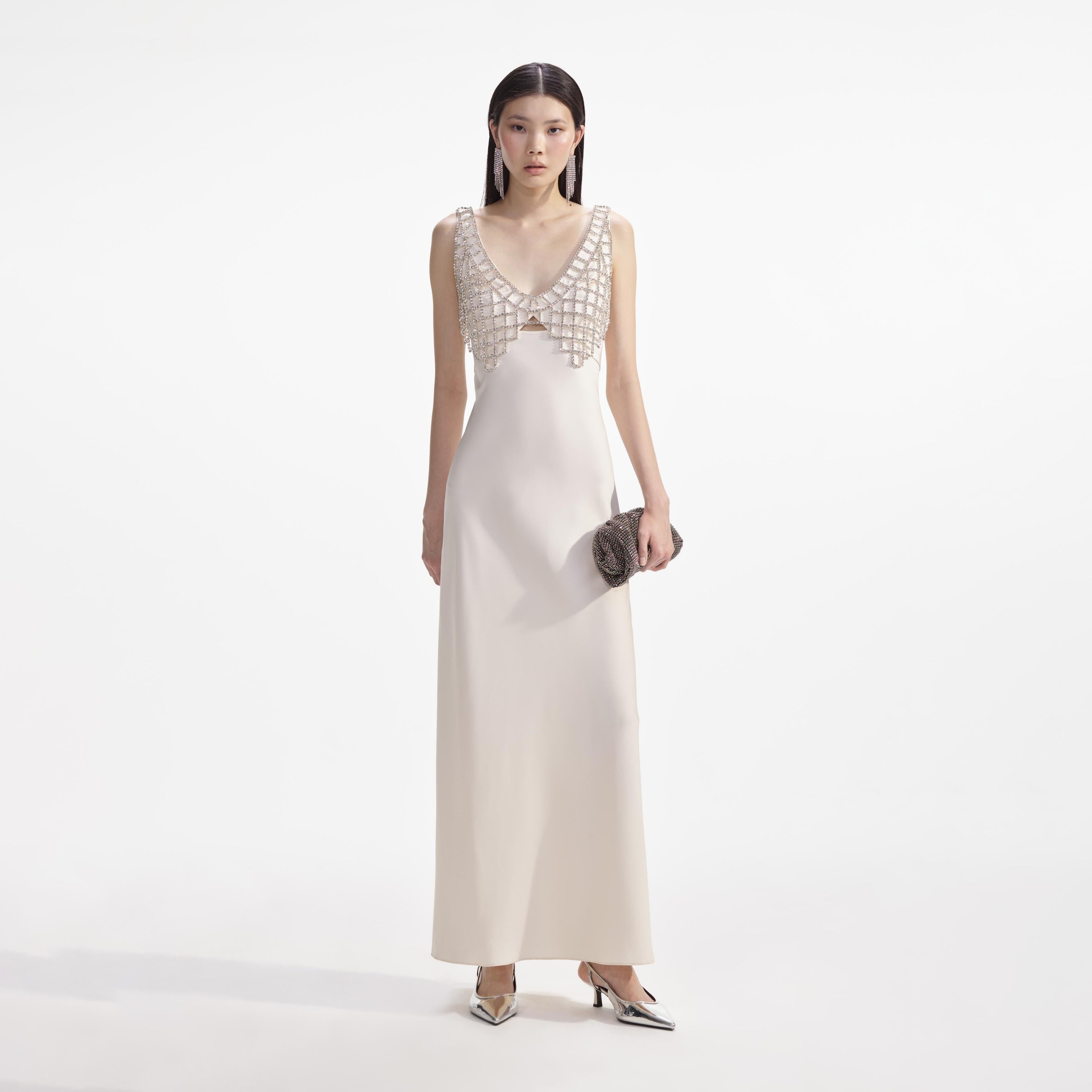 Cream Satin Diamante Bralette Maxi Dress - 1