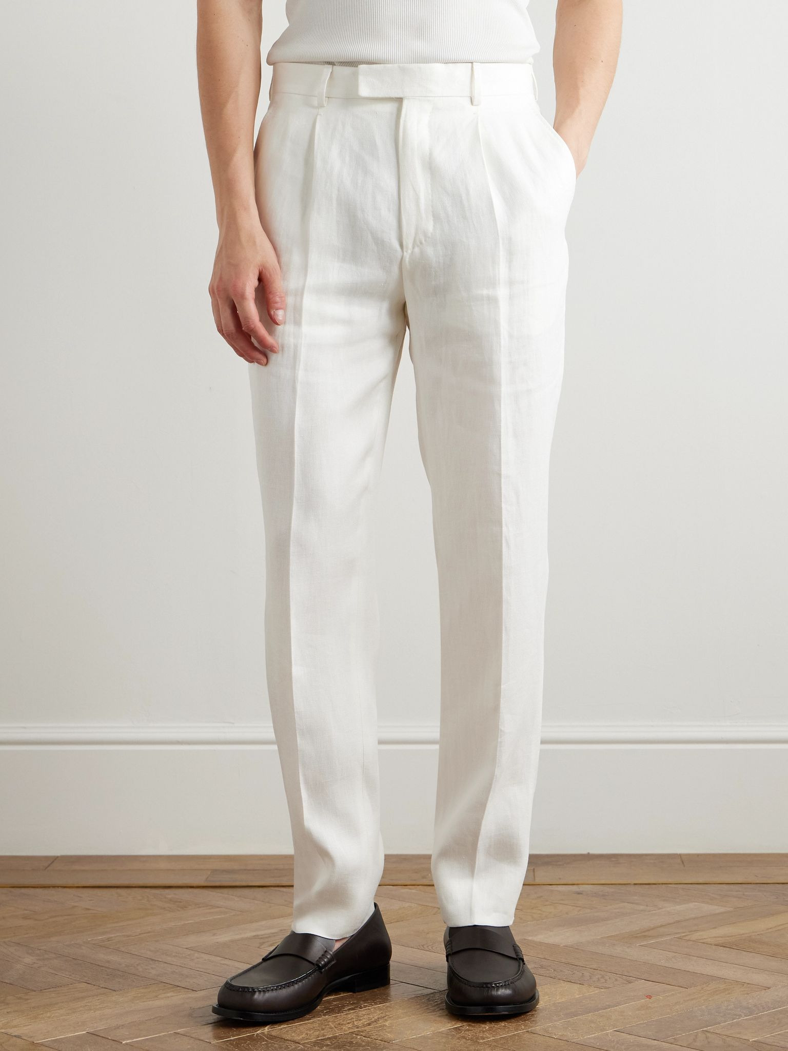 Straight-Leg Pleated Linen-Twill Trousers White - 3