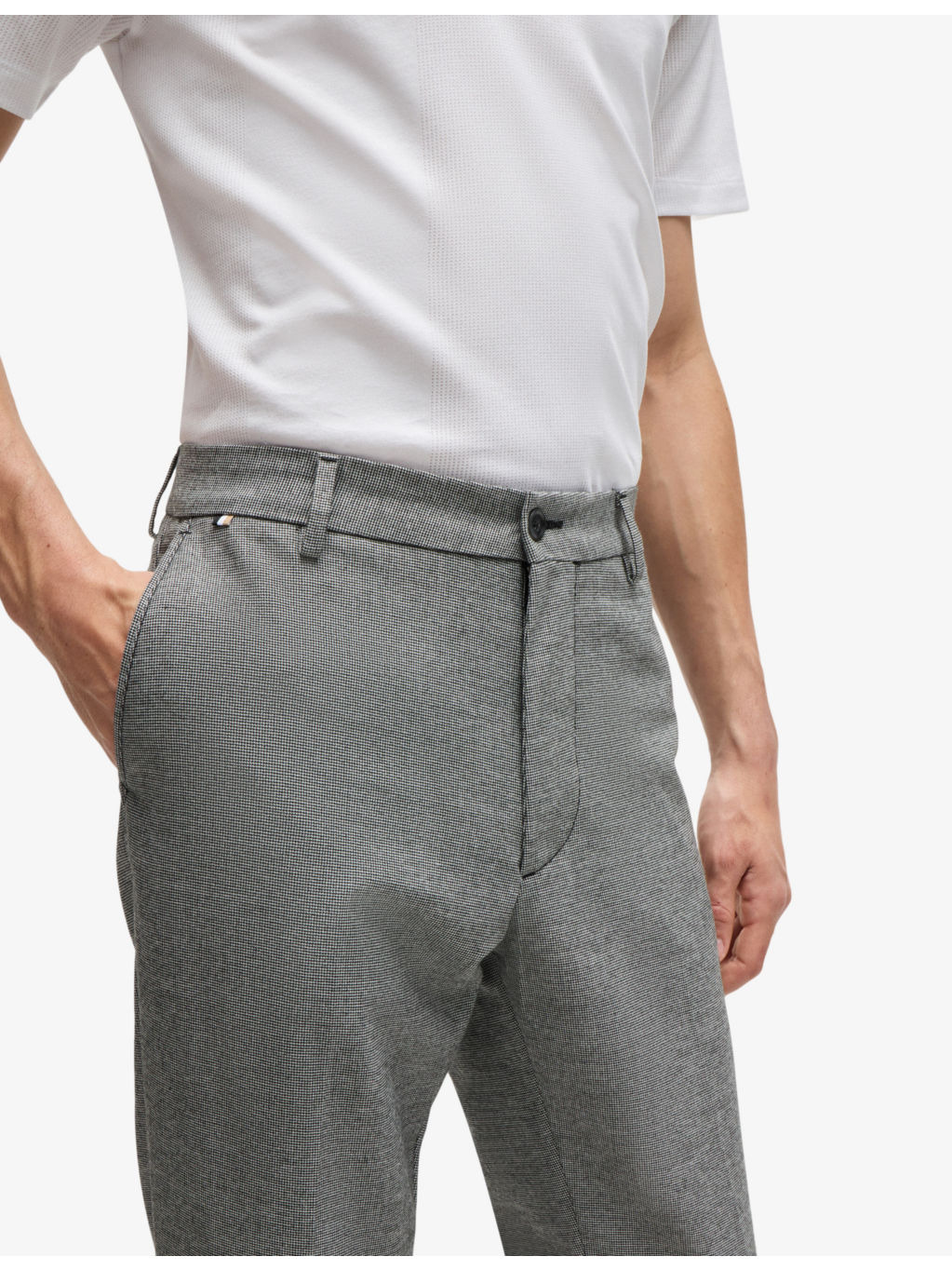 Micro-check tapered-leg regular-fit stretch woven-blend trousers - 5