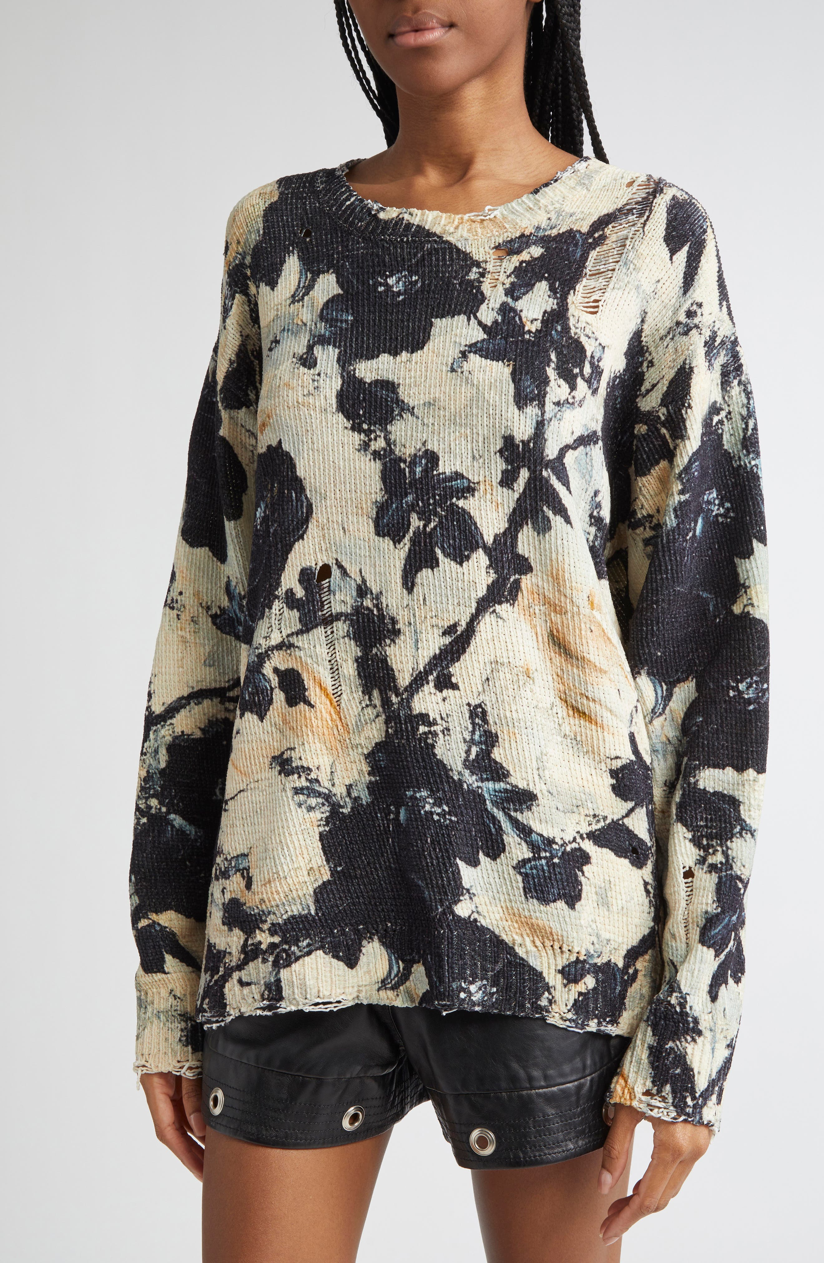 R13 Distressed Floral Cotton Sweater in Black And Cream Floral at Nordstrom - 4