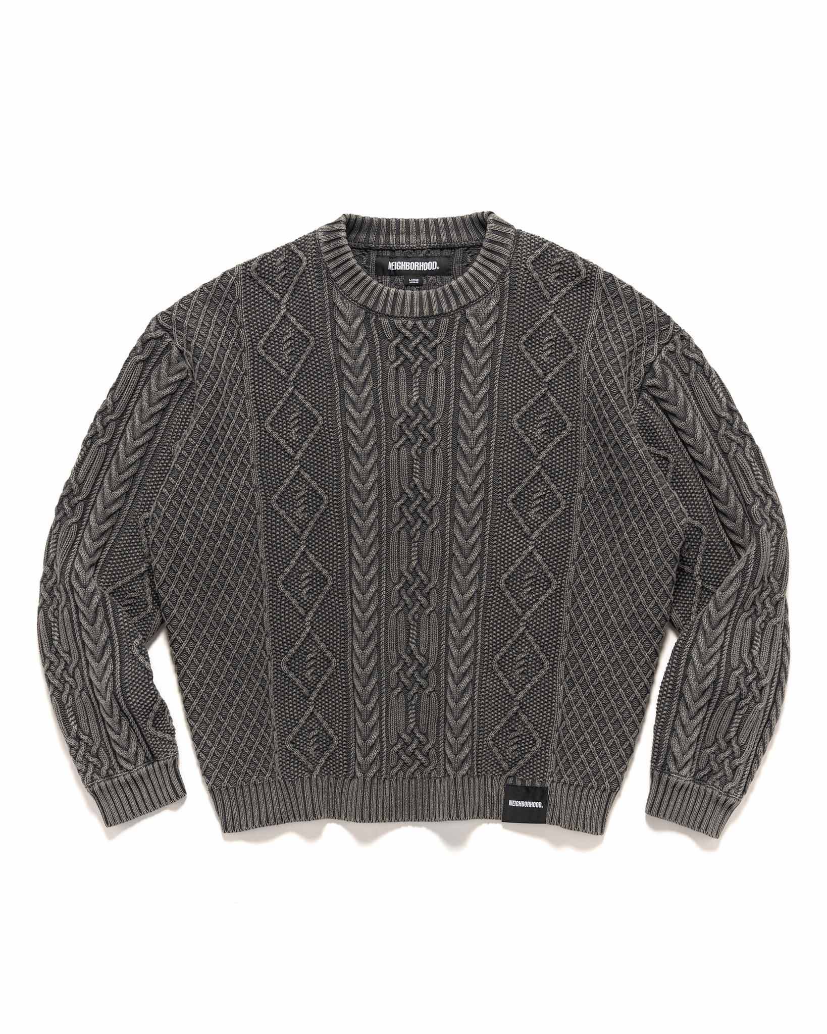 NEIGHBORHOOD Washed Crewneck Cable Sweater Black | REVERSIBLE