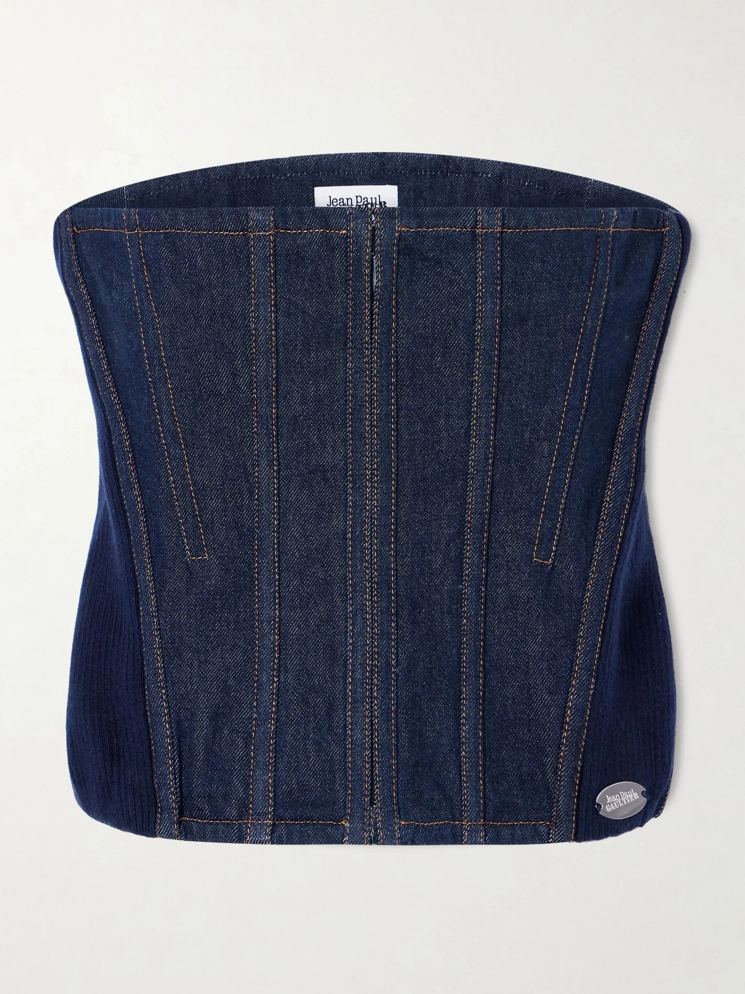 Ribbed wool-blend trimmed denim corset top Indigo - 1