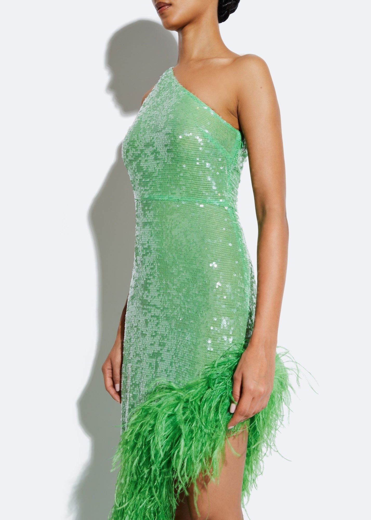 Sequin Sleeveless One Shoulder Dress With Feathers - 3