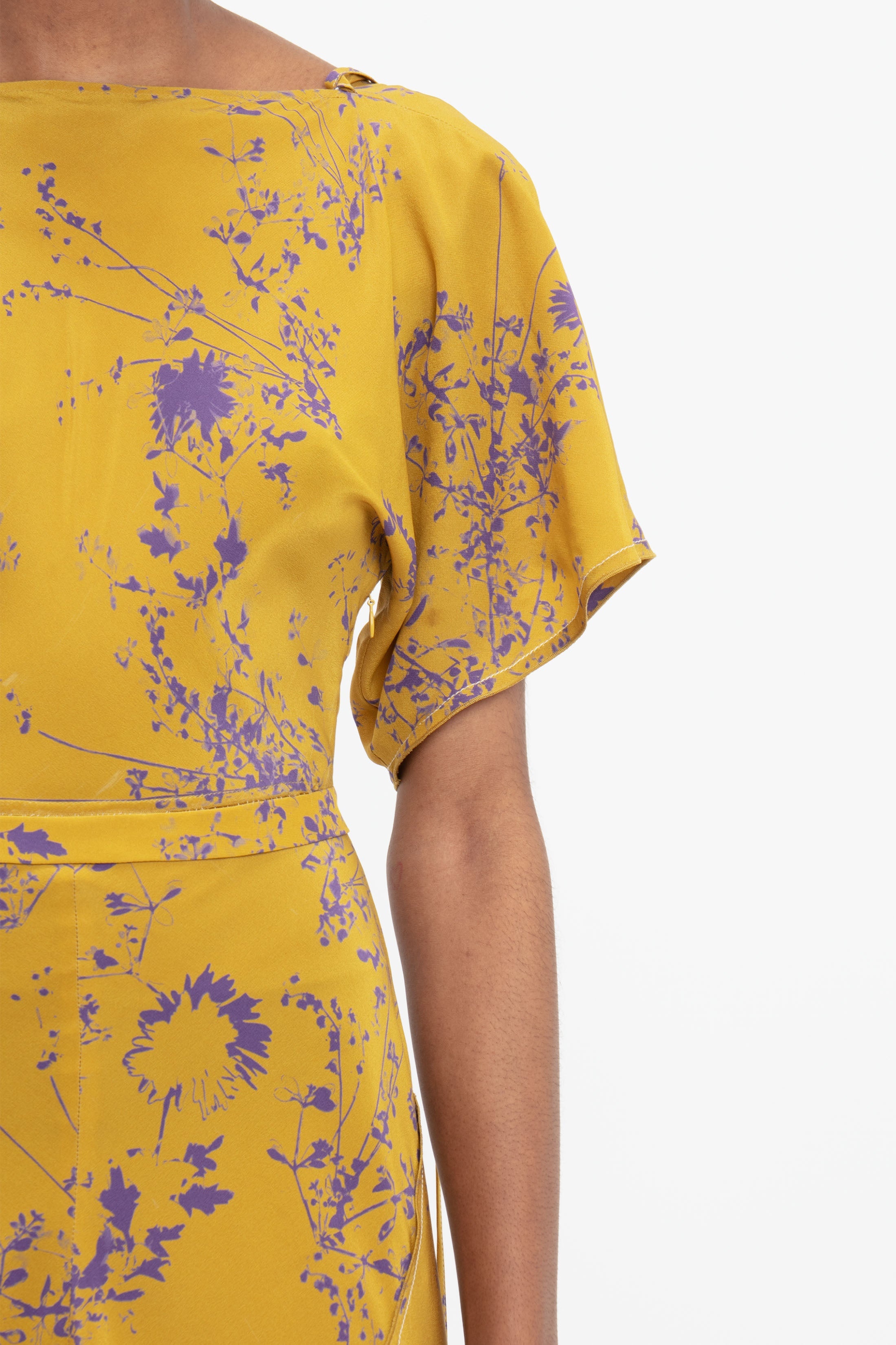 Draped Sleeve Cut Out Mini Dress In Yellow Ochre - 6