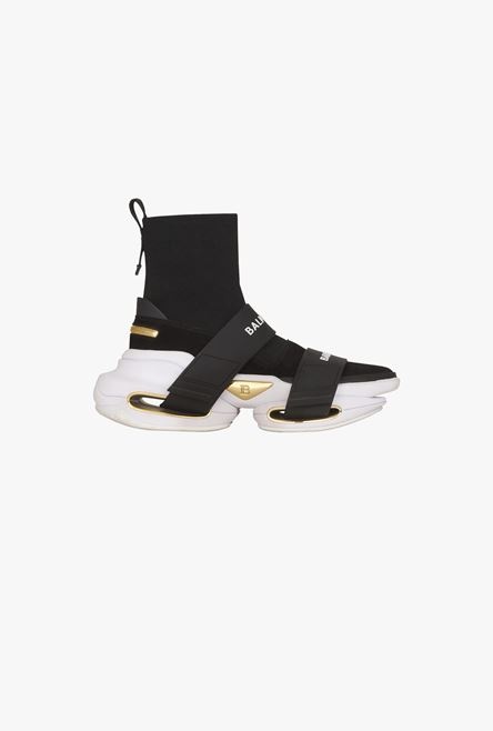 Black and white suede and knit B-Bold high-top sneakers with straps - 1